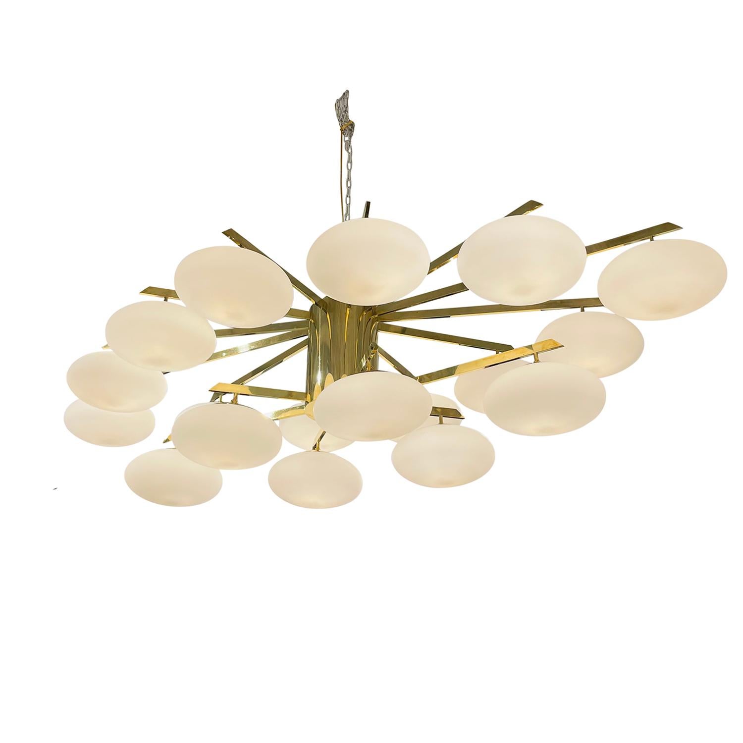 Mid-Century Modern 20th Century Italian Modern Brass Chandelier - Vintage Opaline Light by Stilnovo
