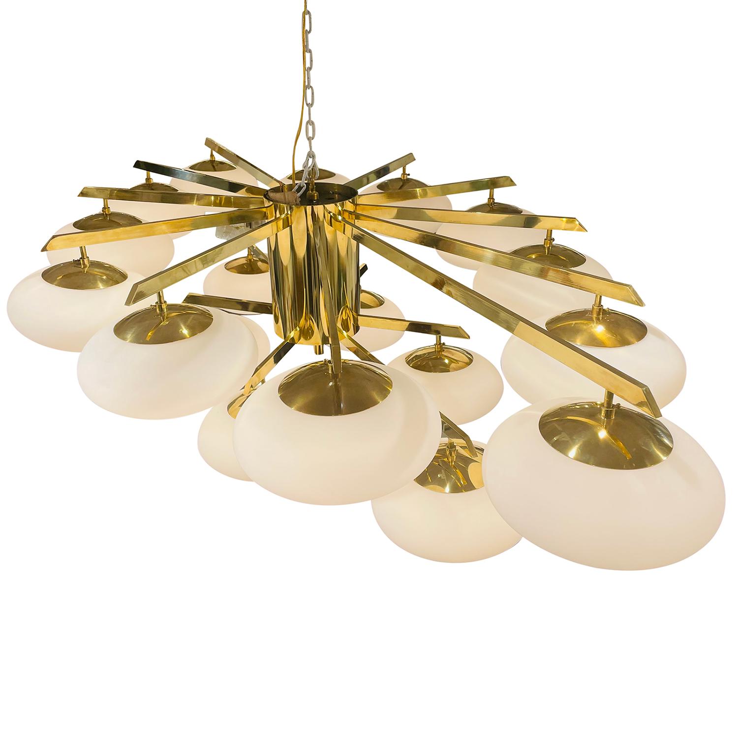 Hand-Crafted 20th Century Italian Modern Brass Chandelier - Vintage Opaline Light by Stilnovo