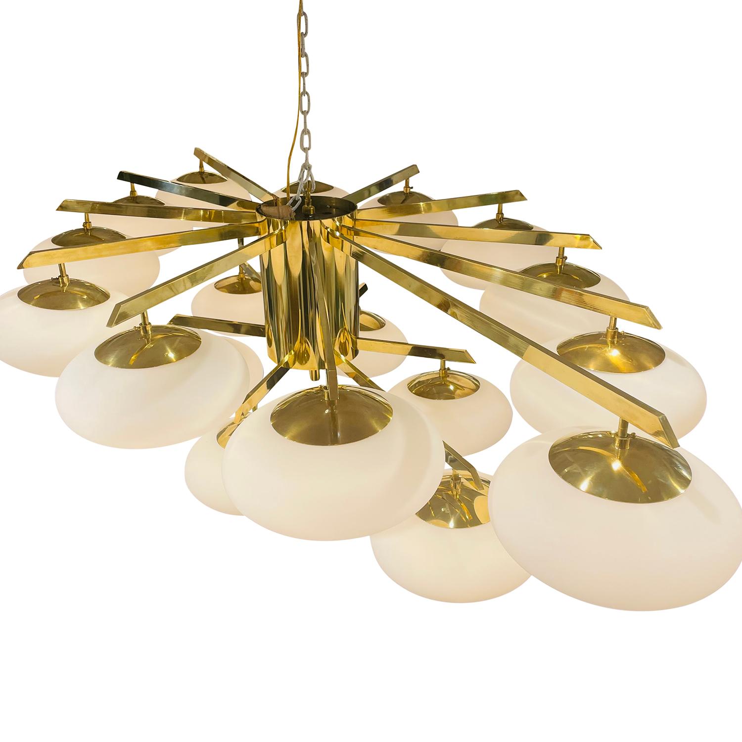 20th Century Italian Modern Brass Chandelier - Vintage Opaline Light by Stilnovo In Good Condition In West Palm Beach, FL