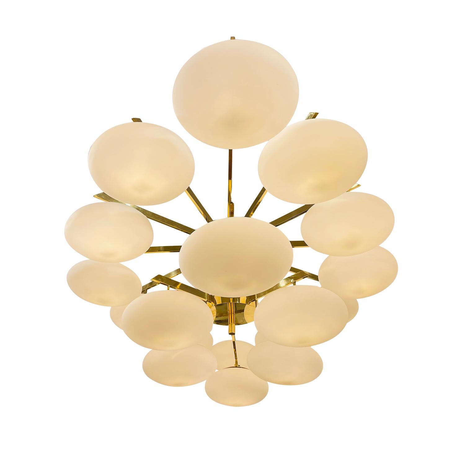 Metal 20th Century Italian Modern Brass Chandelier - Vintage Opaline Light by Stilnovo