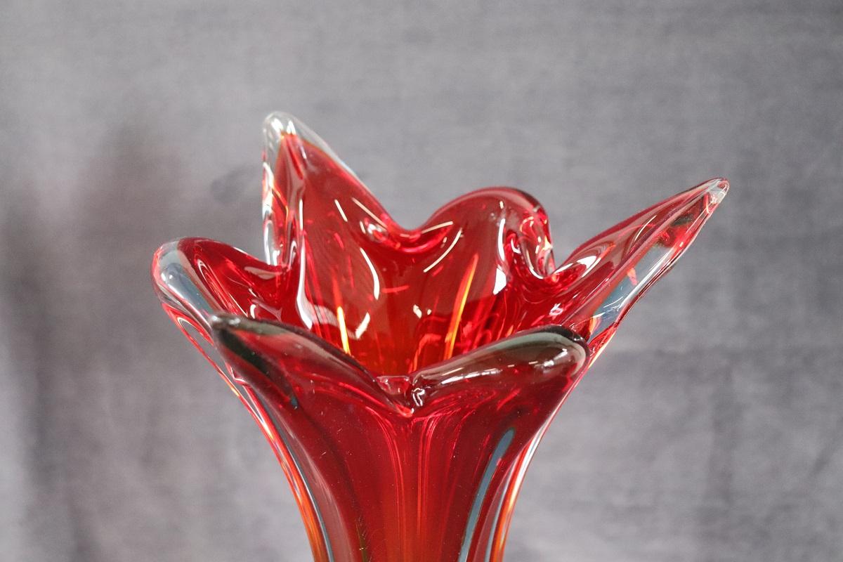 Murano Glass 20th Century Italian Murano Artistic Glass Red Tall Vase, 1960s For Sale