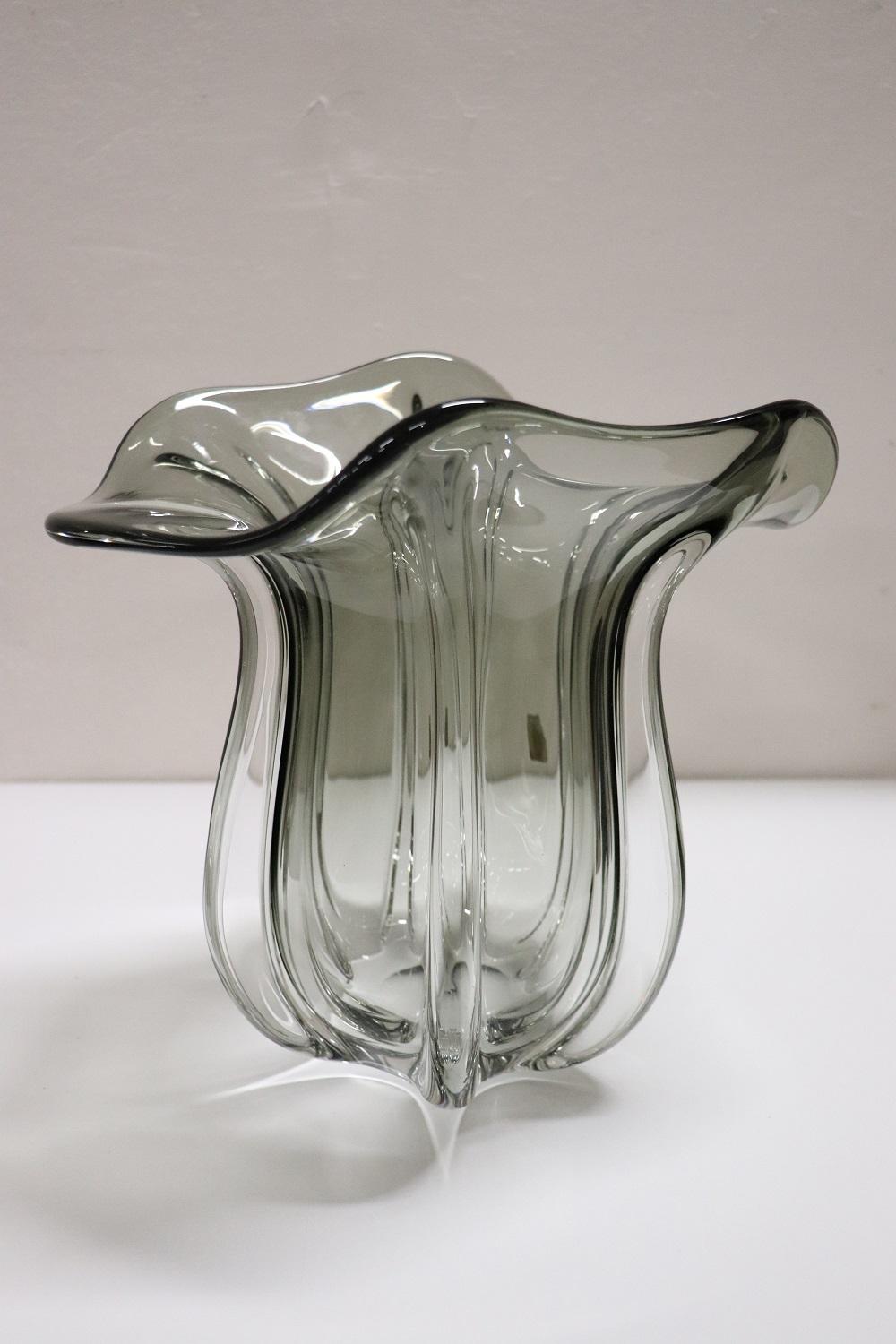 Murano Glass 20th Century Italian Murano Artistic Glass Vase, 1970s, Transparent Smoked Glass For Sale