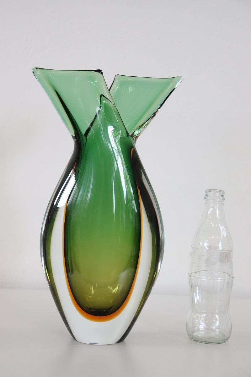 Refined design large vase in submerged Murano glass in shades of yellow and green made by Flavio Poli for Seguso, 1960s. This vase is characterized by a particular design shape. The processing technique is called submerged glass, it will become the