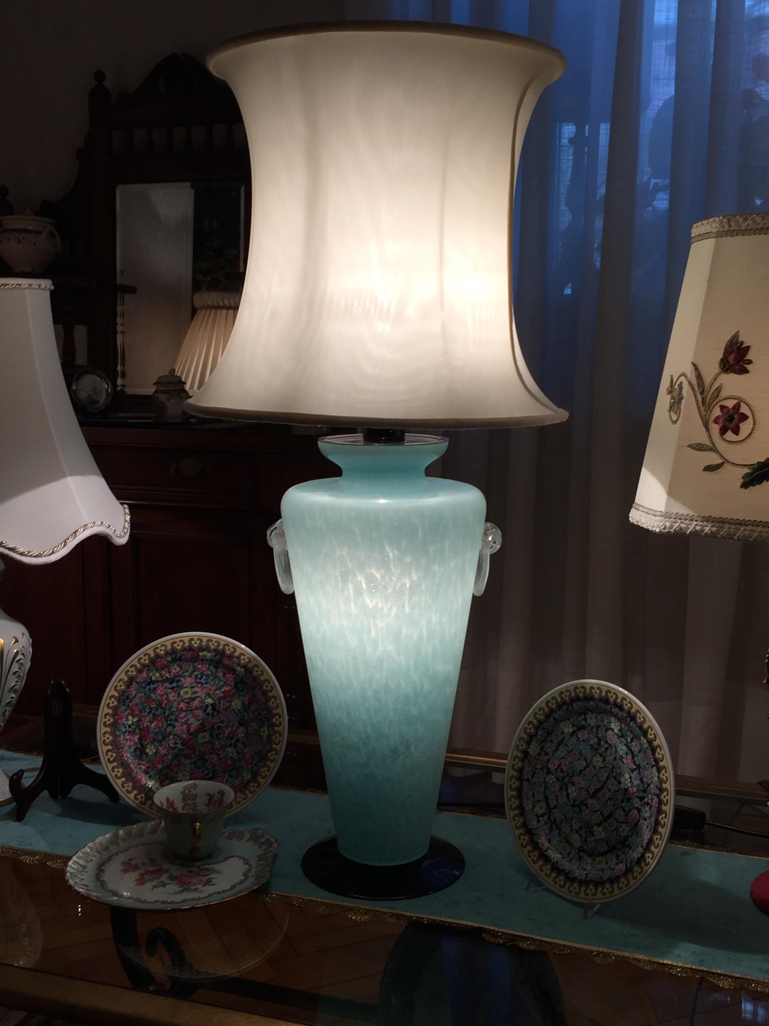 20th Century Italian Murano Scavo Glass Table Lamp Aquamarine Color and Black For Sale 13