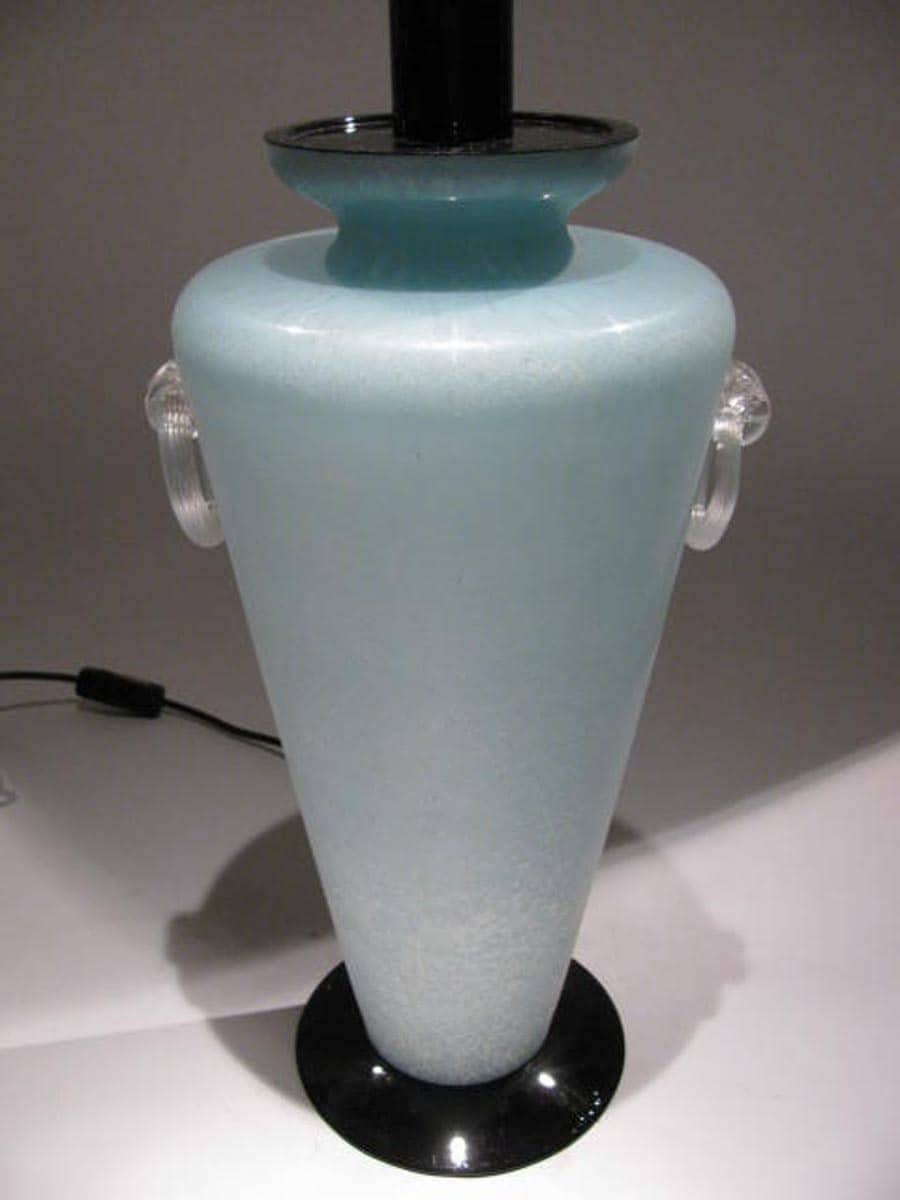 Hand-Crafted 20th Century Italian Murano Scavo Glass Table Lamp Aquamarine Color and Black For Sale