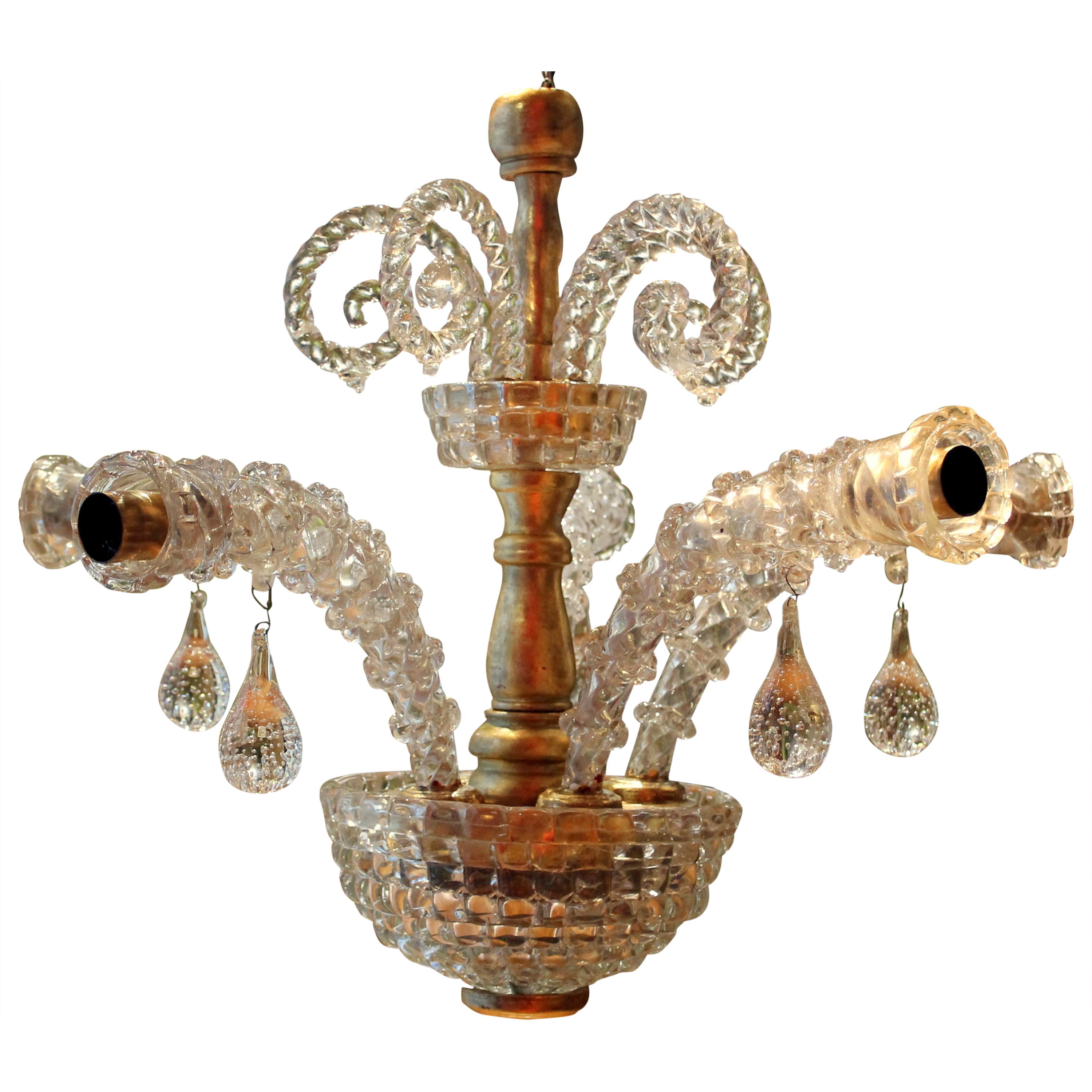 Lustre à deux niveaux et cinq lumières en verre de Murano transparent du XXe siècle, Italie en vente