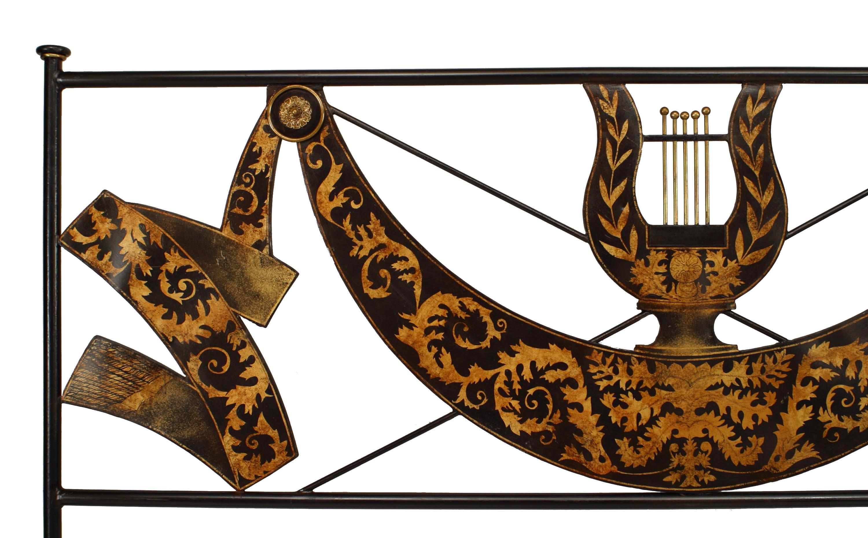 Italian Neo-classic-style (Mid-20th Century) black tole king size bed with swag design gold decorative trim with lyre design on headboard (includes: headboard and footboard, does not include rails).