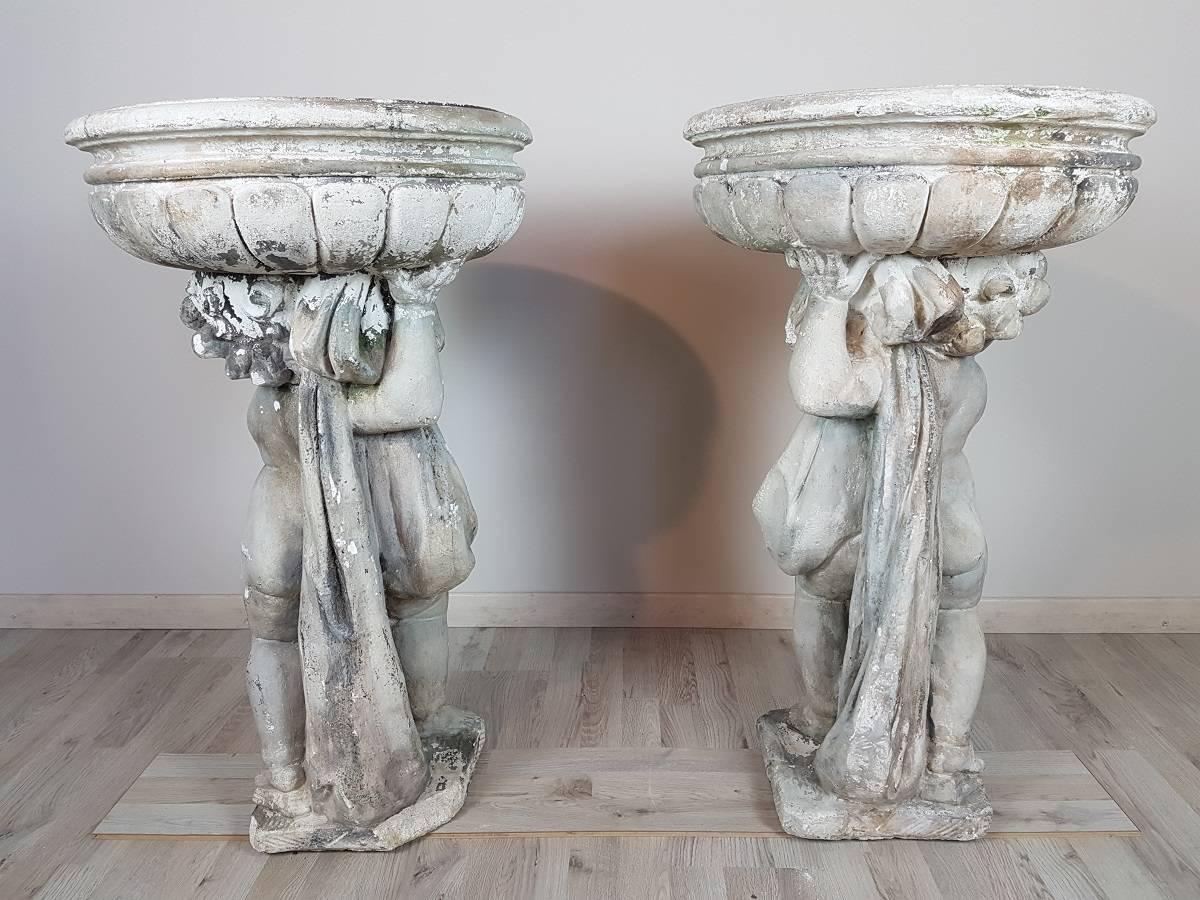Cement 20th Century Italian Neoclassical Garden Pots with Statues Set, Garden Ornament