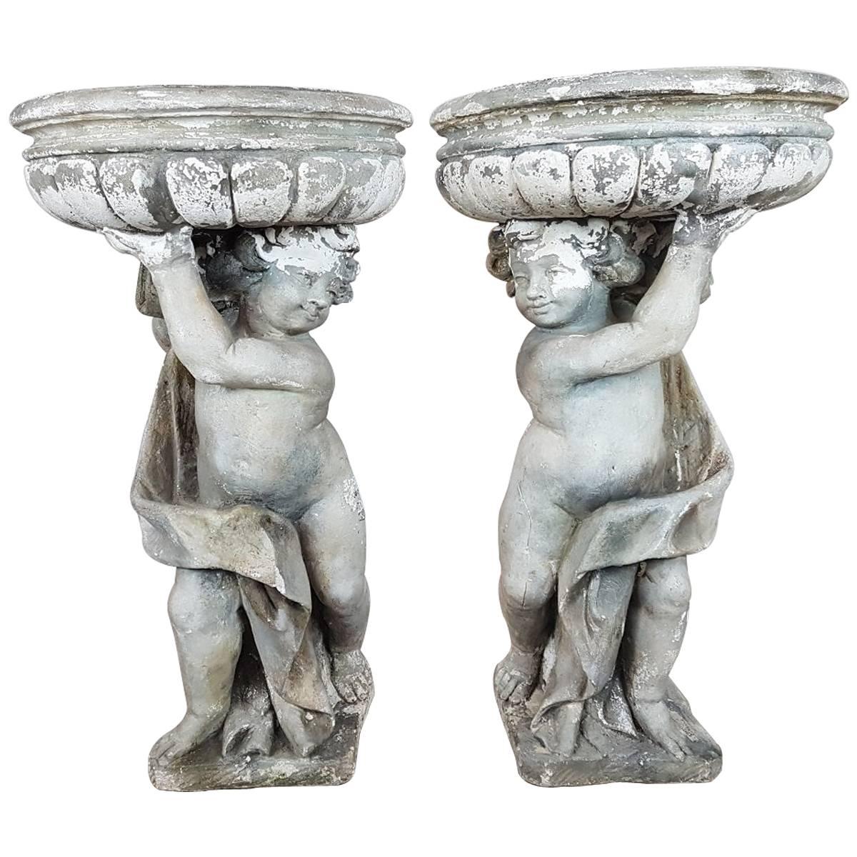 20th Century Italian Neoclassical Garden Pots with Statues Set, Garden Ornament