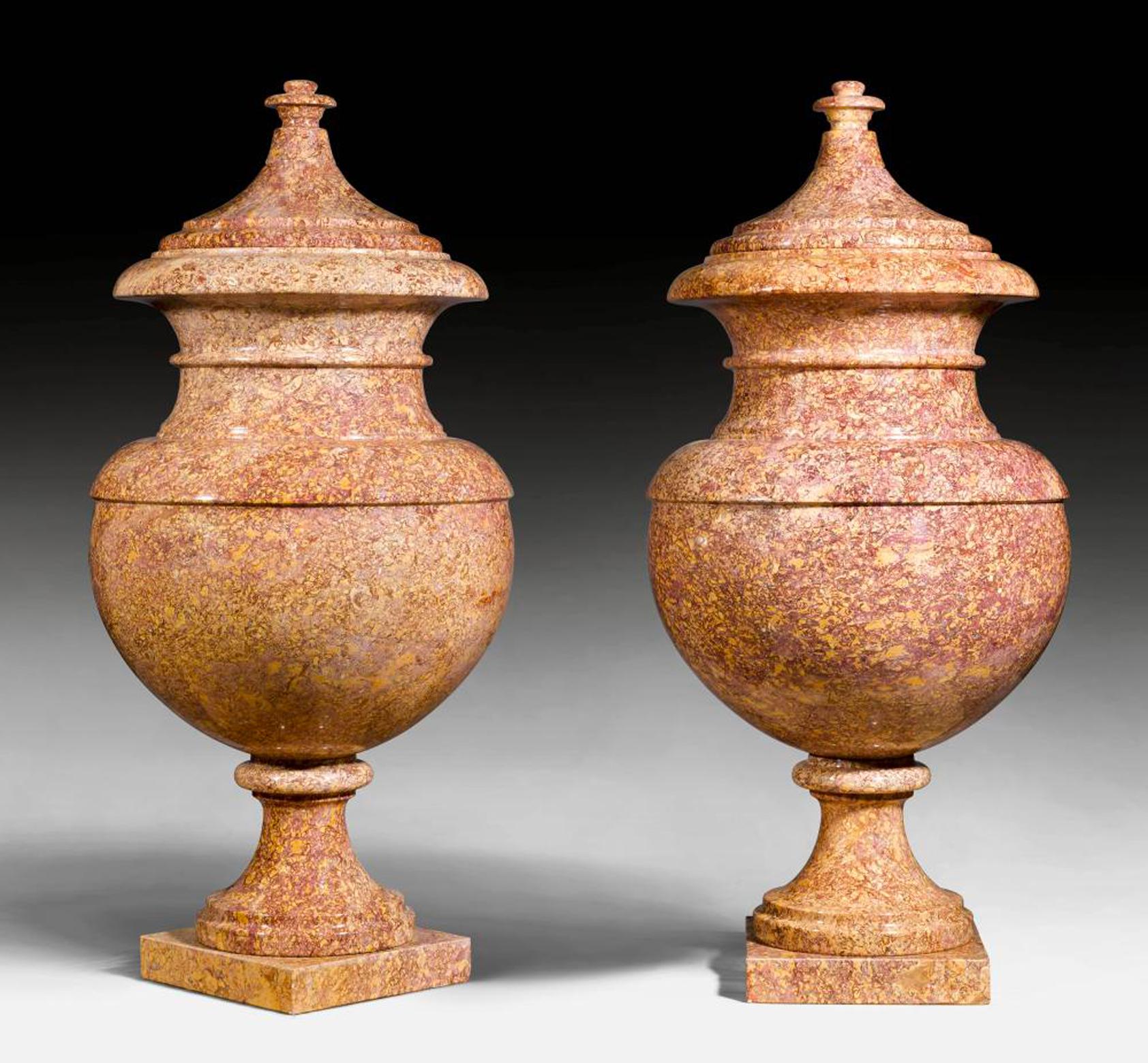 A very impressive and huge pair of Italian neoclassical pair of marble vases made in a very rare and elegant specimen and ancient marble called broccatello di Spagna. The shape and the proportion of the vases are made in according with the guideline