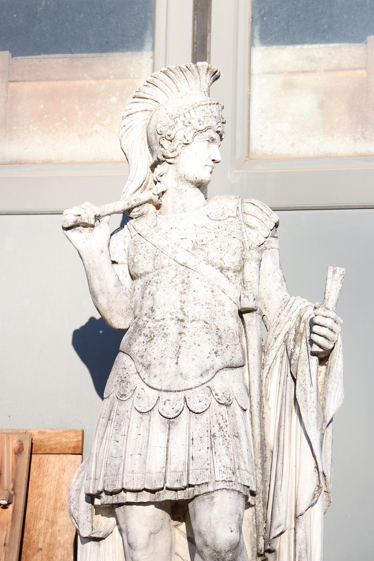 Beautiful refined garden statue in neoclassical style, circa 1930smain material stone mixed with gravel and cement. Beautiful and majestic statue of soldier of ancient Rome. The centurion was one of the ranks of the chain of command in the Roman