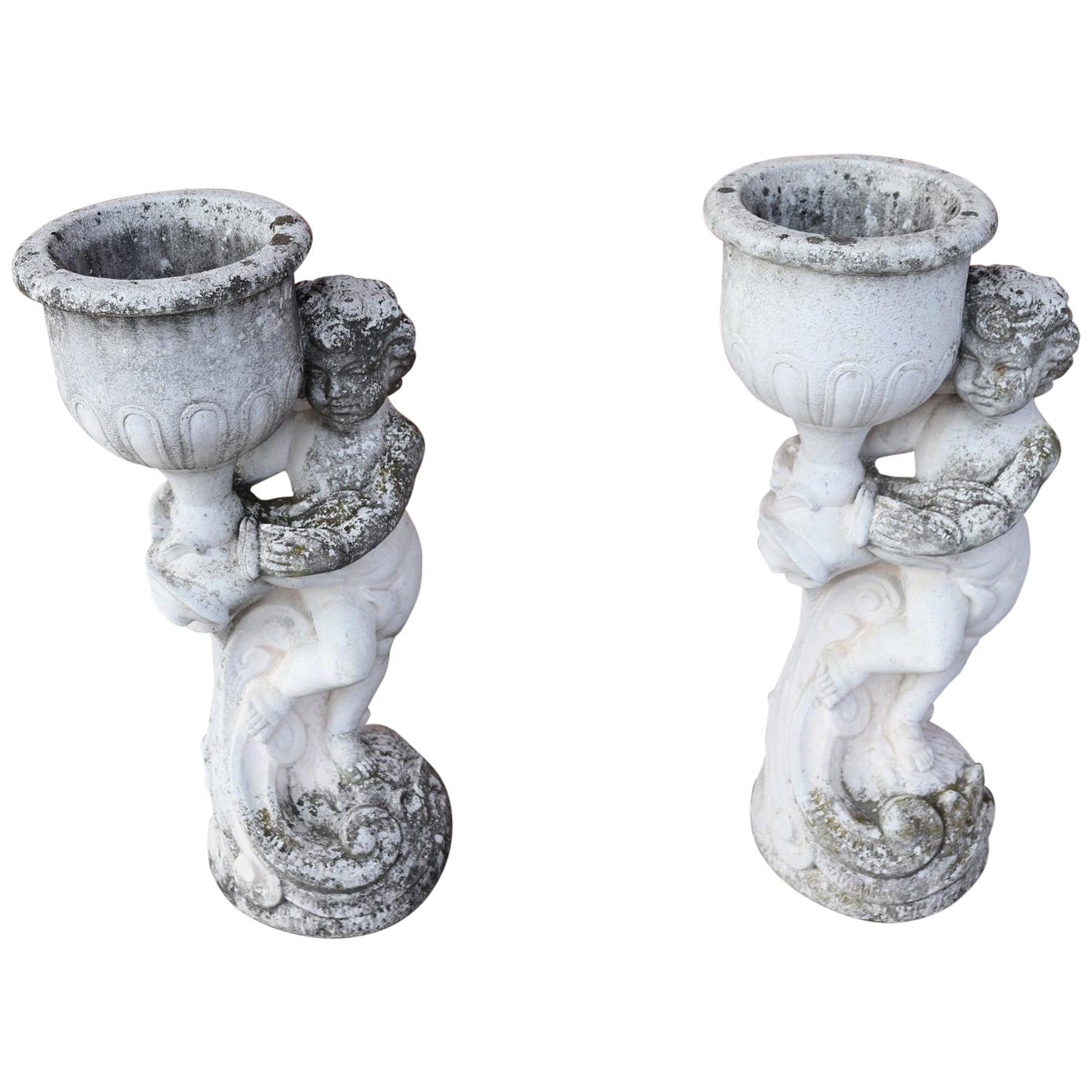 20th Century Italian Neoclassical Stone Garden Statue with Vase, Set of 2