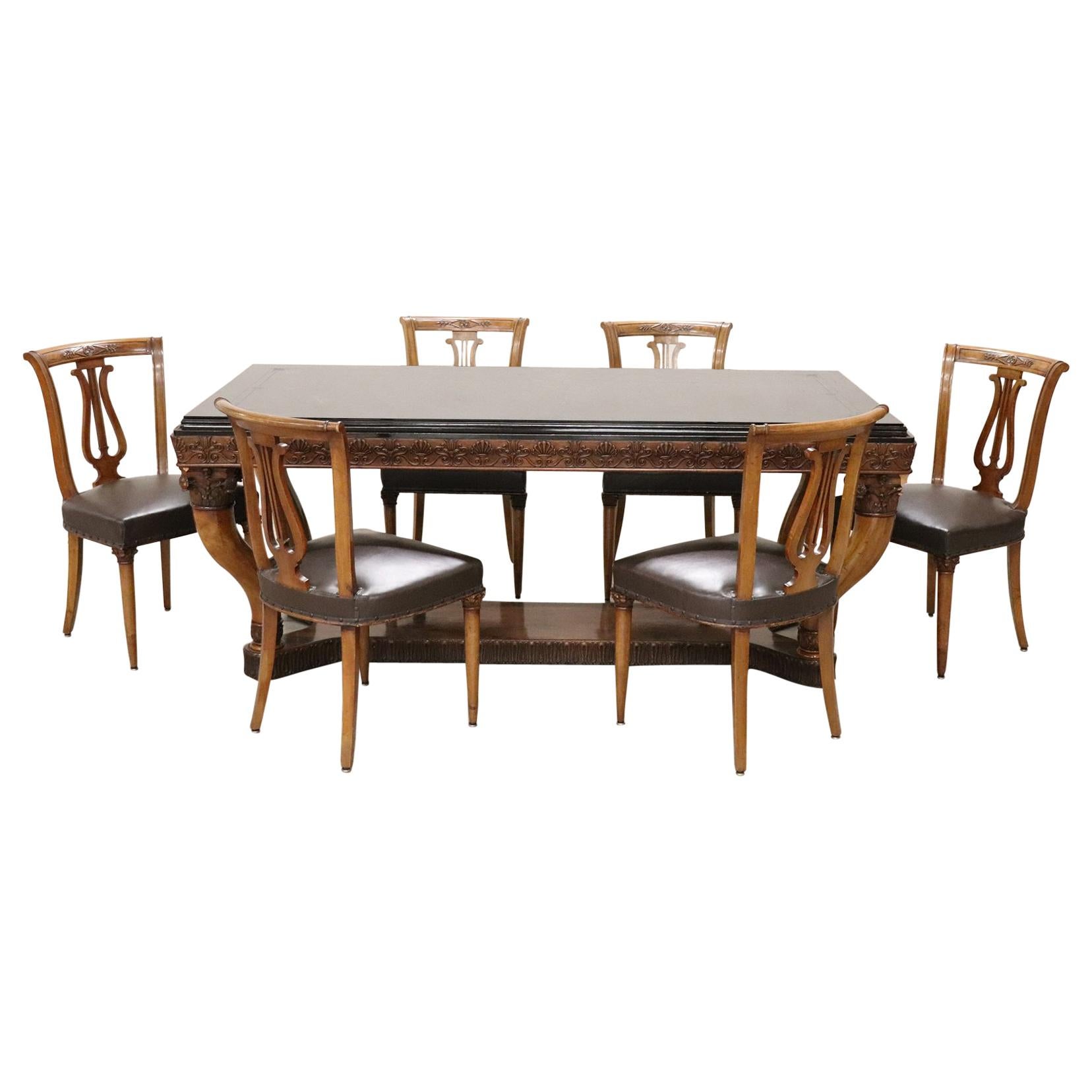 20th Century Italian Neoclassical Style Walnut Carved Dining Set 7 Pieces