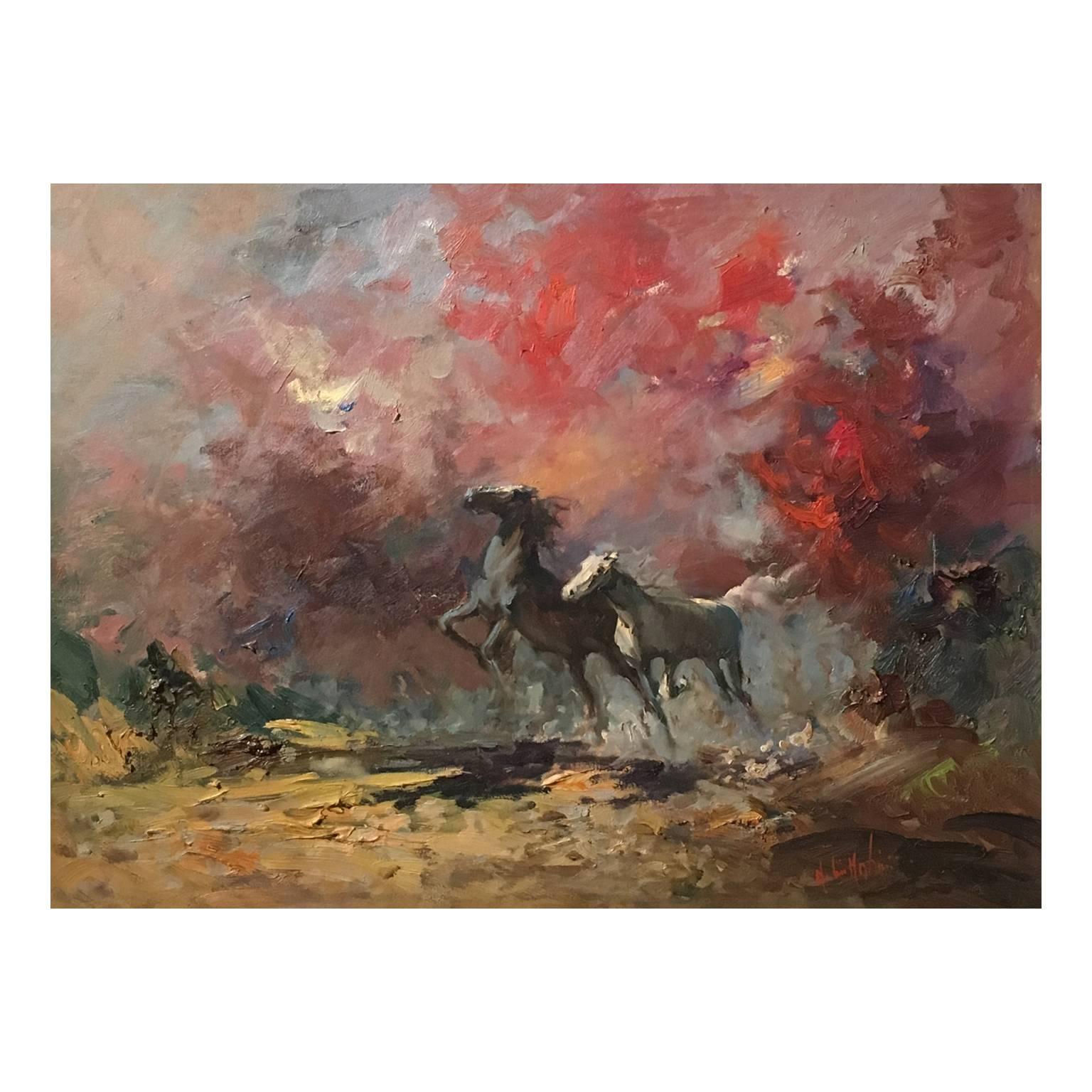 Hand-Painted 20th Century Italian Oil on Canvas Painting Depicting Horses by Norberto Martini