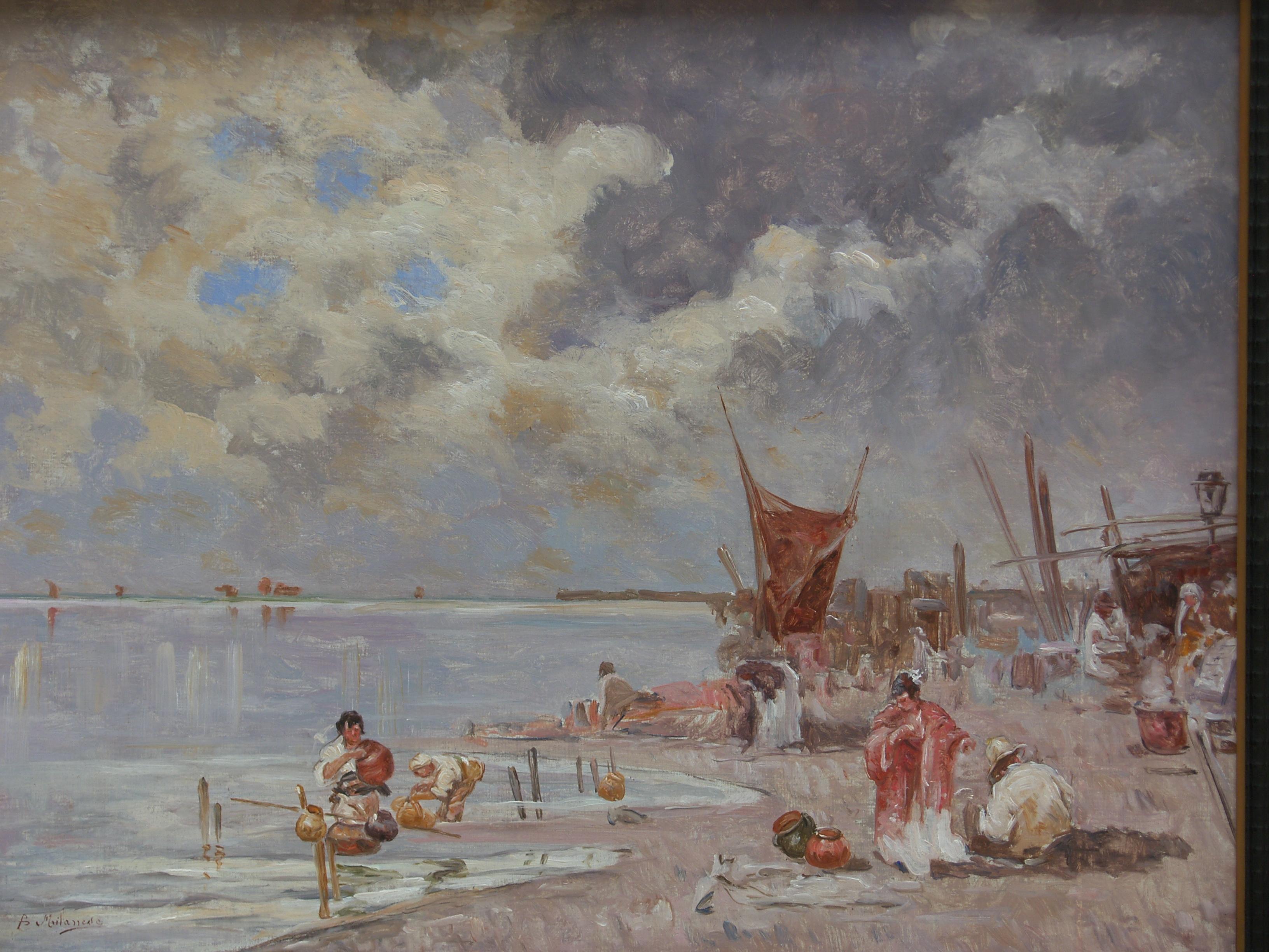 20th century, Italian oil on canvas painting with Venetian Lagoon, signed Biagio MILANESE (1886-1968) 
Sizes: H 70 x W 90 cm with frame; H 50 x W 70 cm only canvas

The painting, executed in oil on canvas, is signed at the bottom left by the