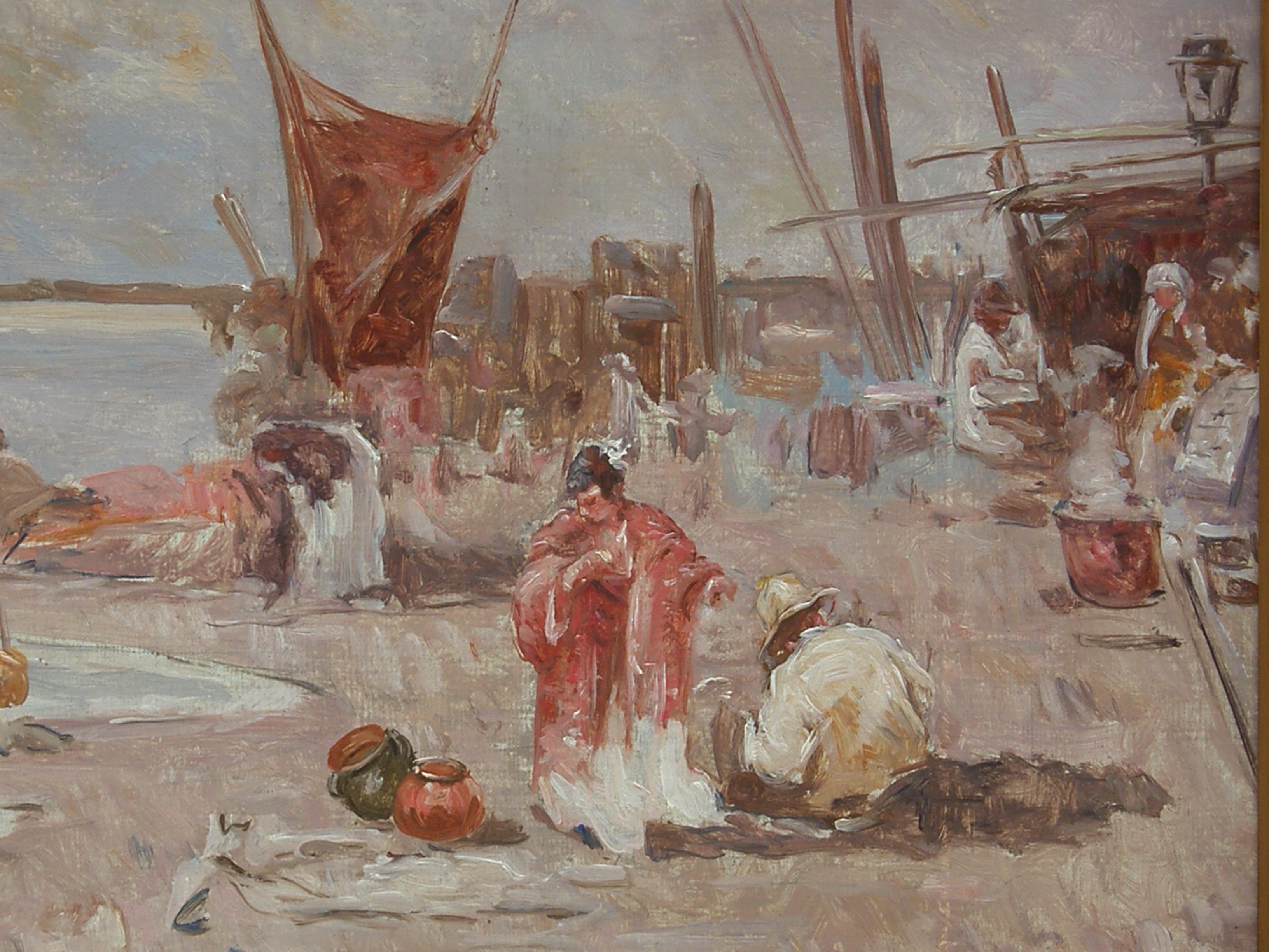 Hand-Painted 20th Century, Italian Oil on Canvas, Venetian Lagoon by Biagio Milanese