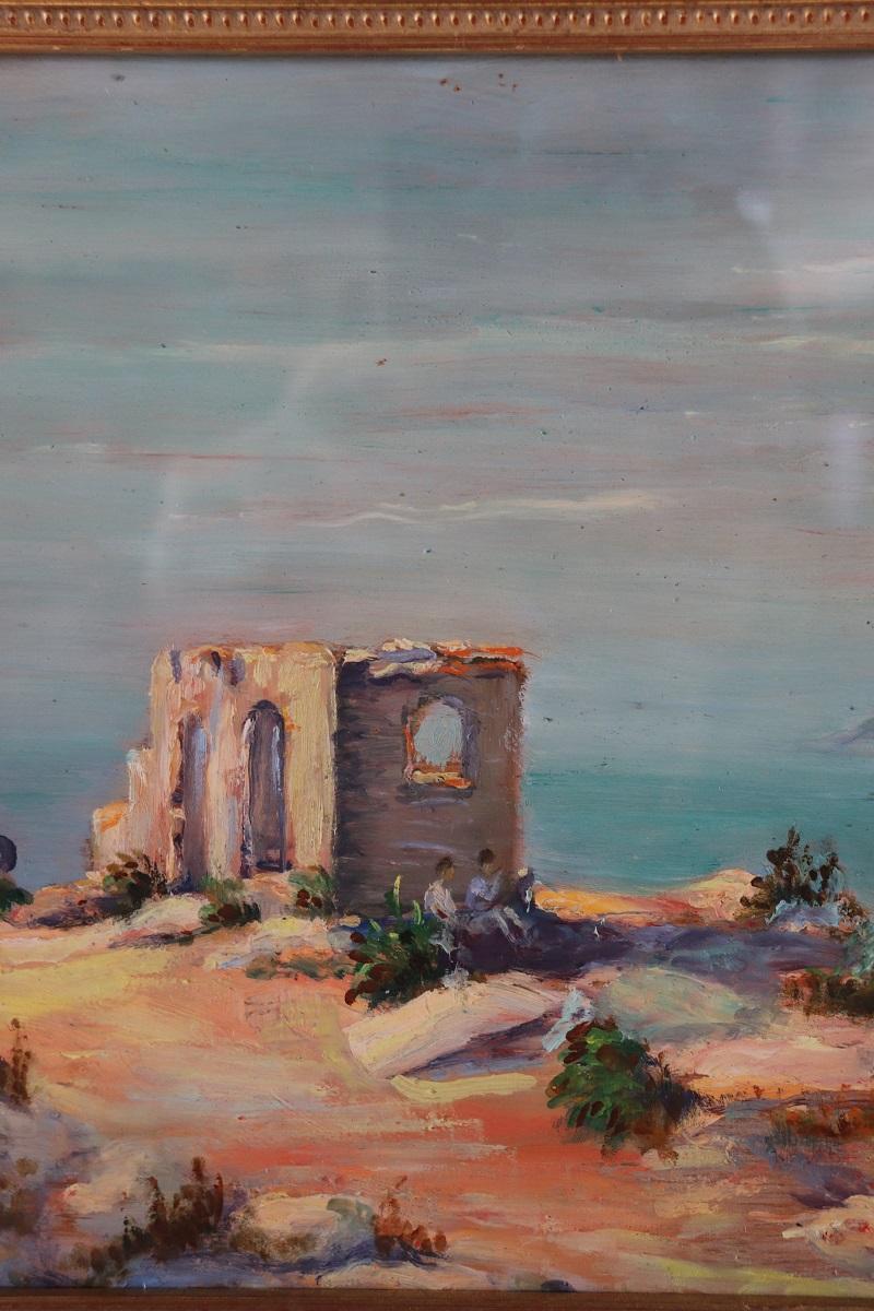 Oiled 20th Century Italian Oil Painting on Board Cliff on the Sea For Sale