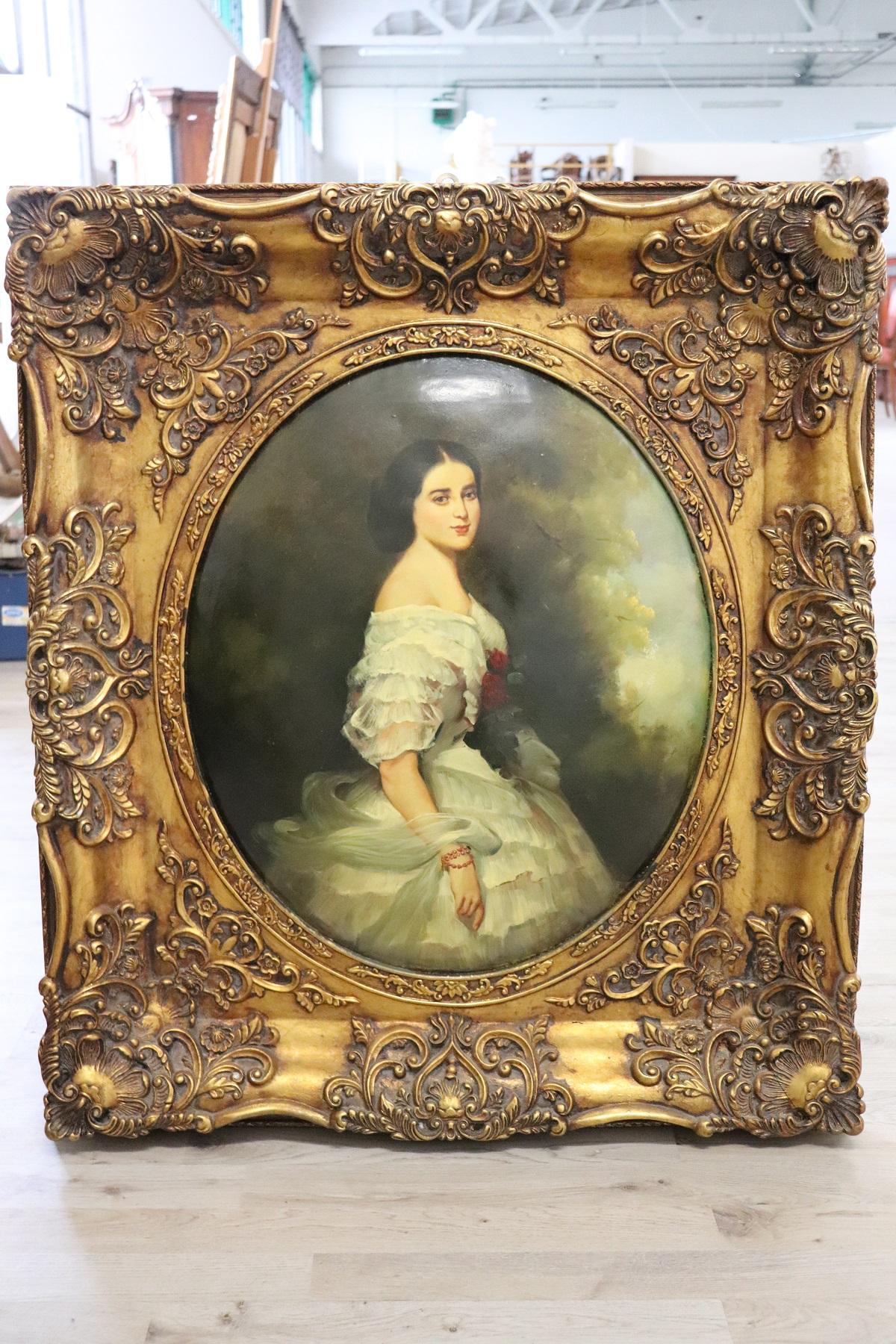 Oiled 20th Century Italian Oil Painting on Metal Portrait of Young Girl with Frame
