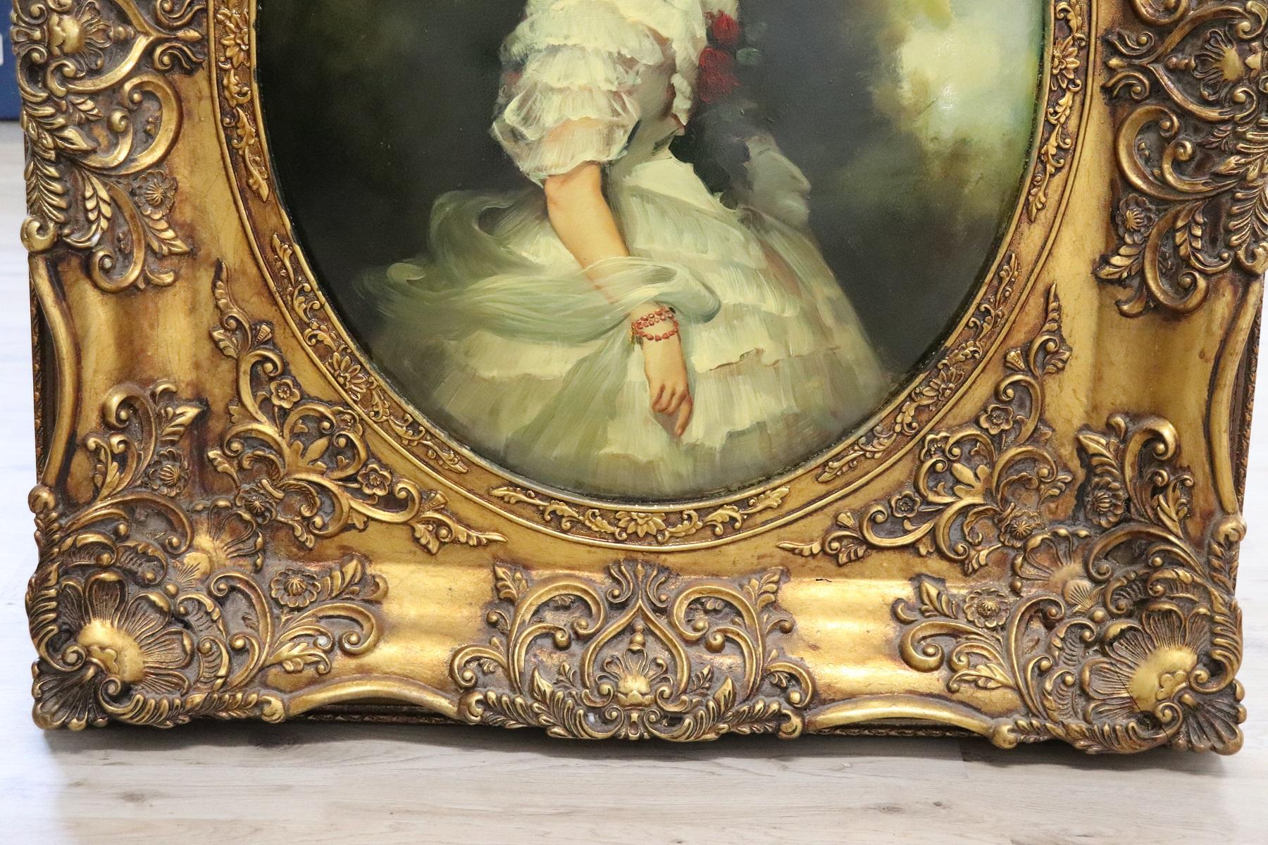 20th Century Italian Oil Painting on Metal Portrait of Young Girl with Frame In Excellent Condition In Casale Monferrato, IT