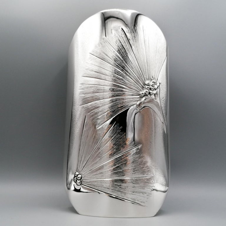 Other 20th Century Italian Oval Solid Silver Vase with Sterlities For Sale