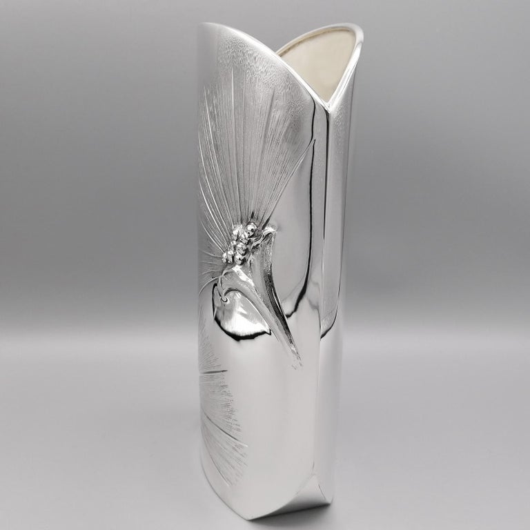Embossed 20th Century Italian Oval Solid Silver Vase with Sterlities For Sale