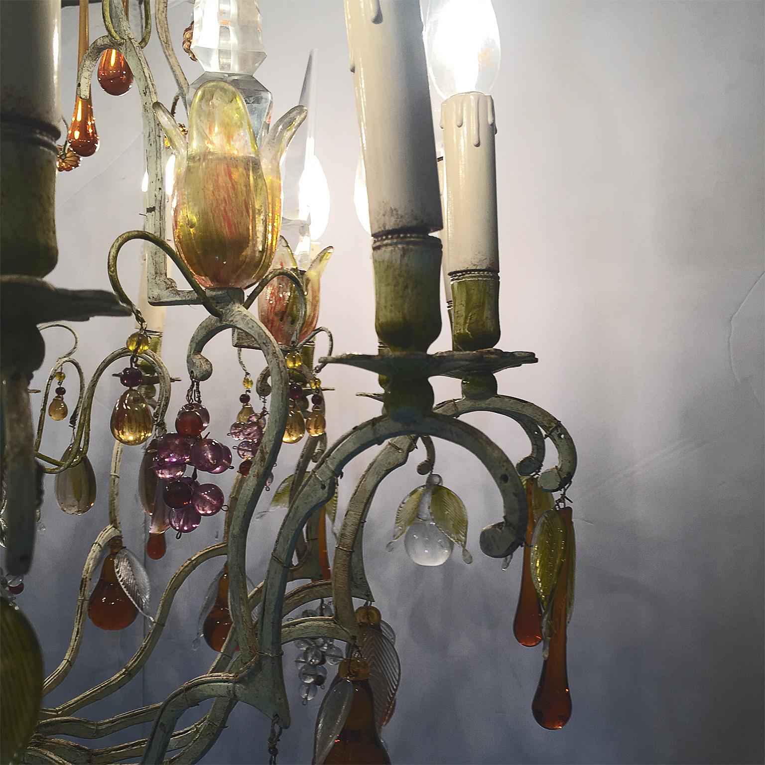 20th Century Italian Painted Bronze and Crystal Chandelier with Fruit Pendants For Sale 7