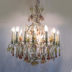 20th Century Italian Painted Bronze and Crystal Chandelier with Fruit Pendants