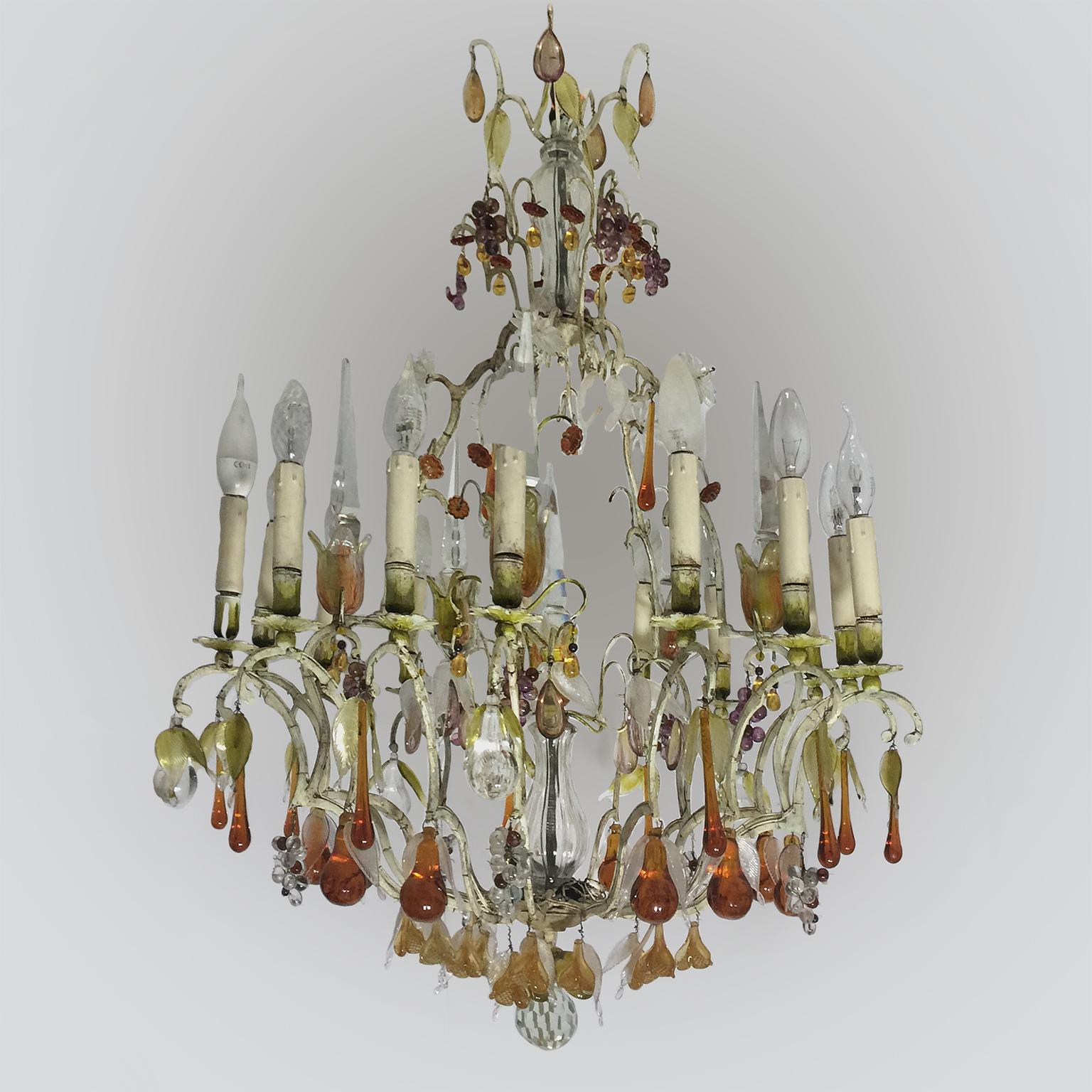 Molded 20th Century Italian Painted Bronze and Crystal Chandelier with Fruit Pendants For Sale