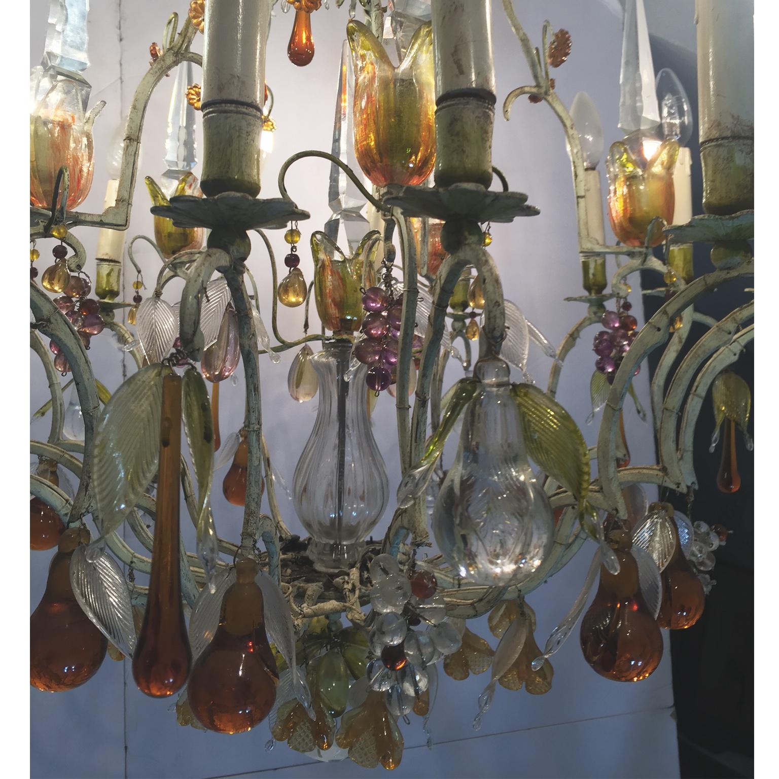 20th Century Italian Painted Bronze and Crystal Chandelier with Fruit Pendants For Sale 1