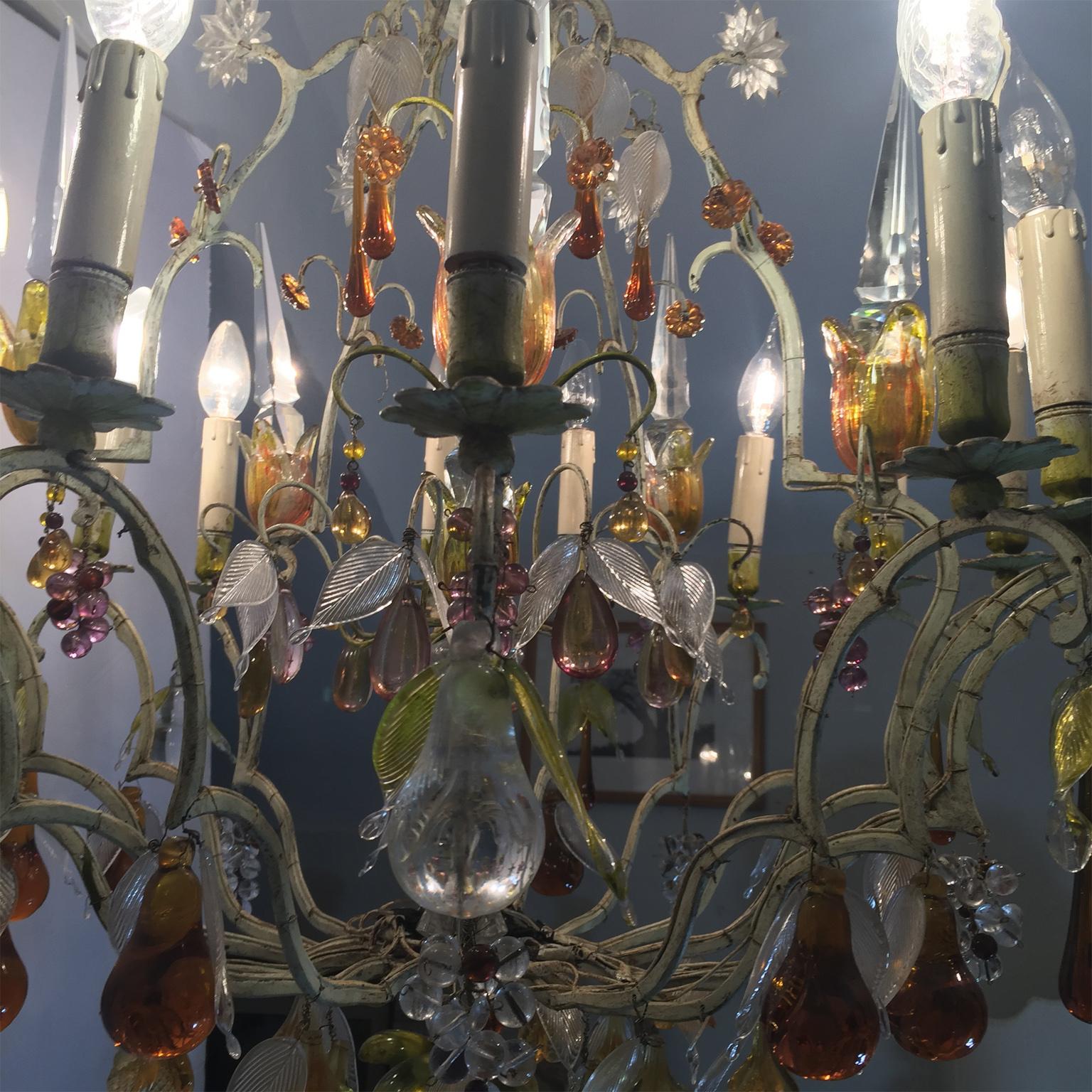 20th Century Italian Painted Bronze and Crystal Chandelier with Fruit Pendants For Sale 2