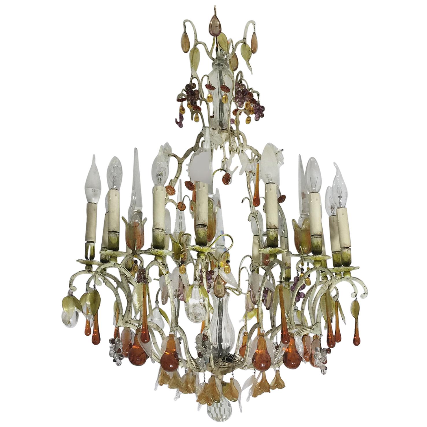 20th Century Italian Painted Bronze and Crystal Chandelier with Fruit Pendants im Angebot