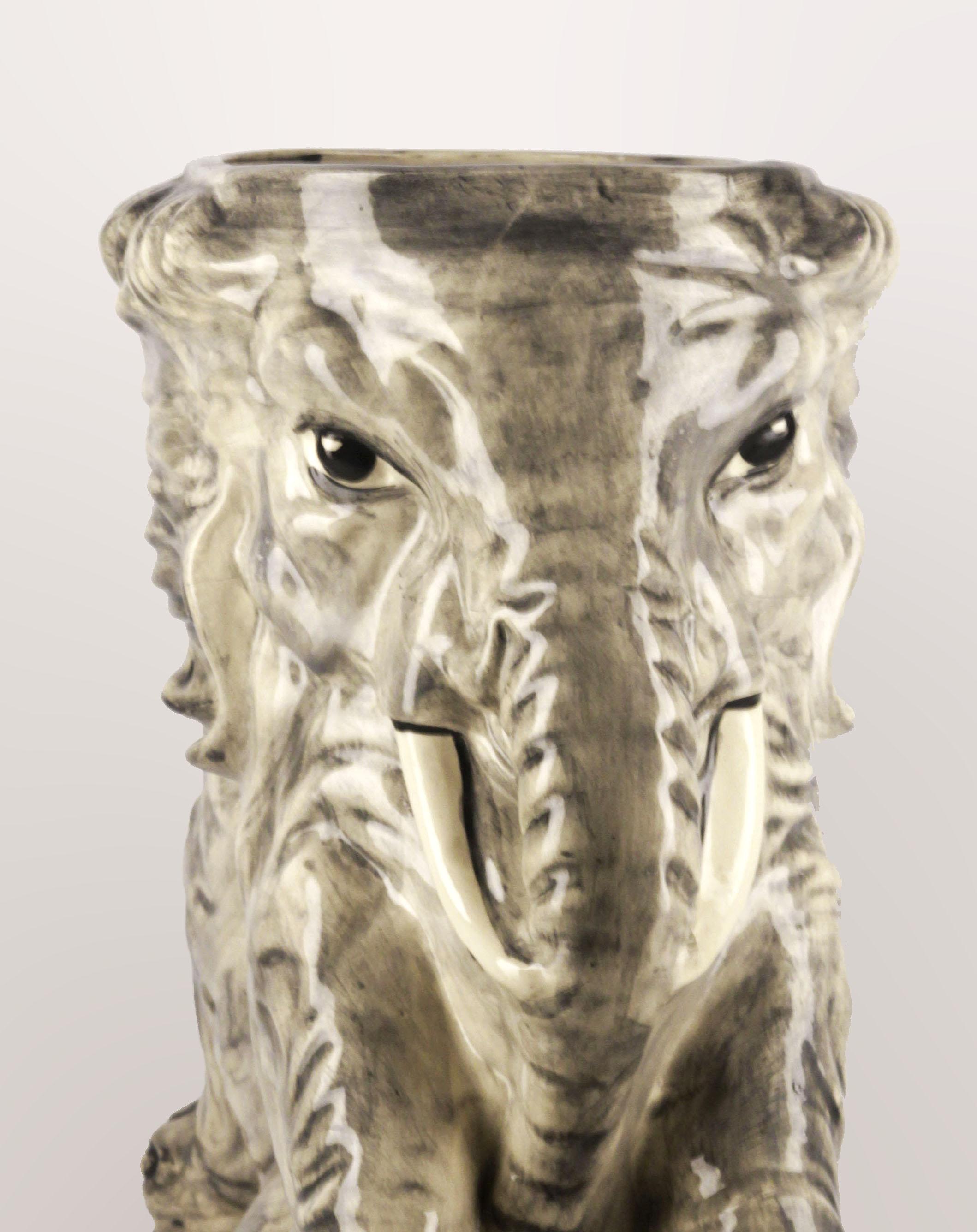 Hand-Painted 20th Century Italian Painted Ceramic Elephants Umbrella Stand/Plant Pot/Vase For Sale
