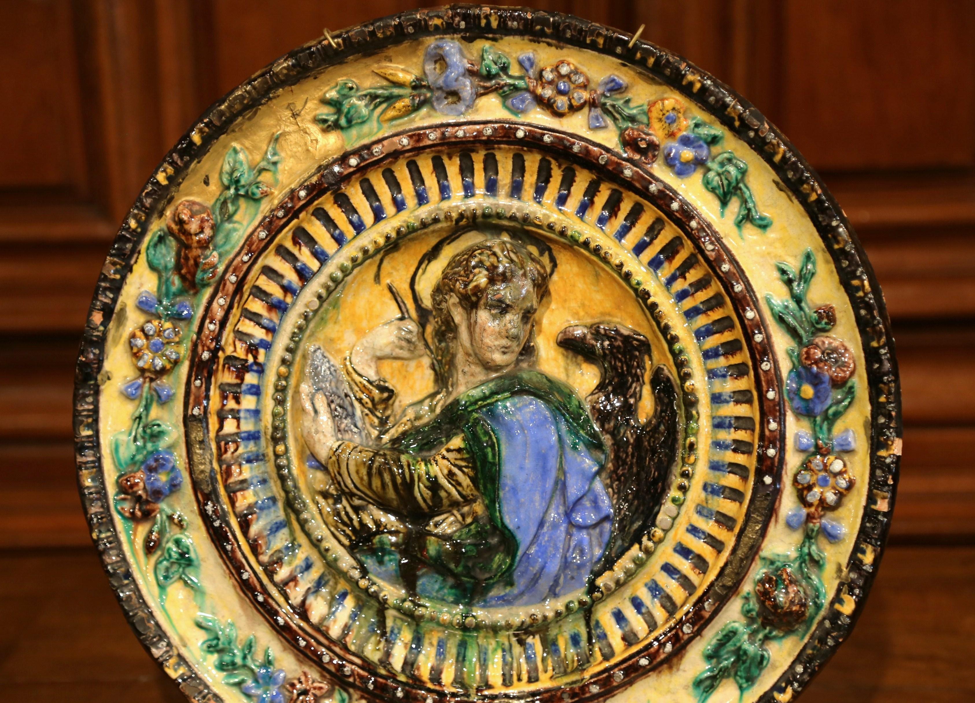 Hand-Crafted 20th Century Italian Painted Majolica Barbotine Wall Charger with Saint John For Sale