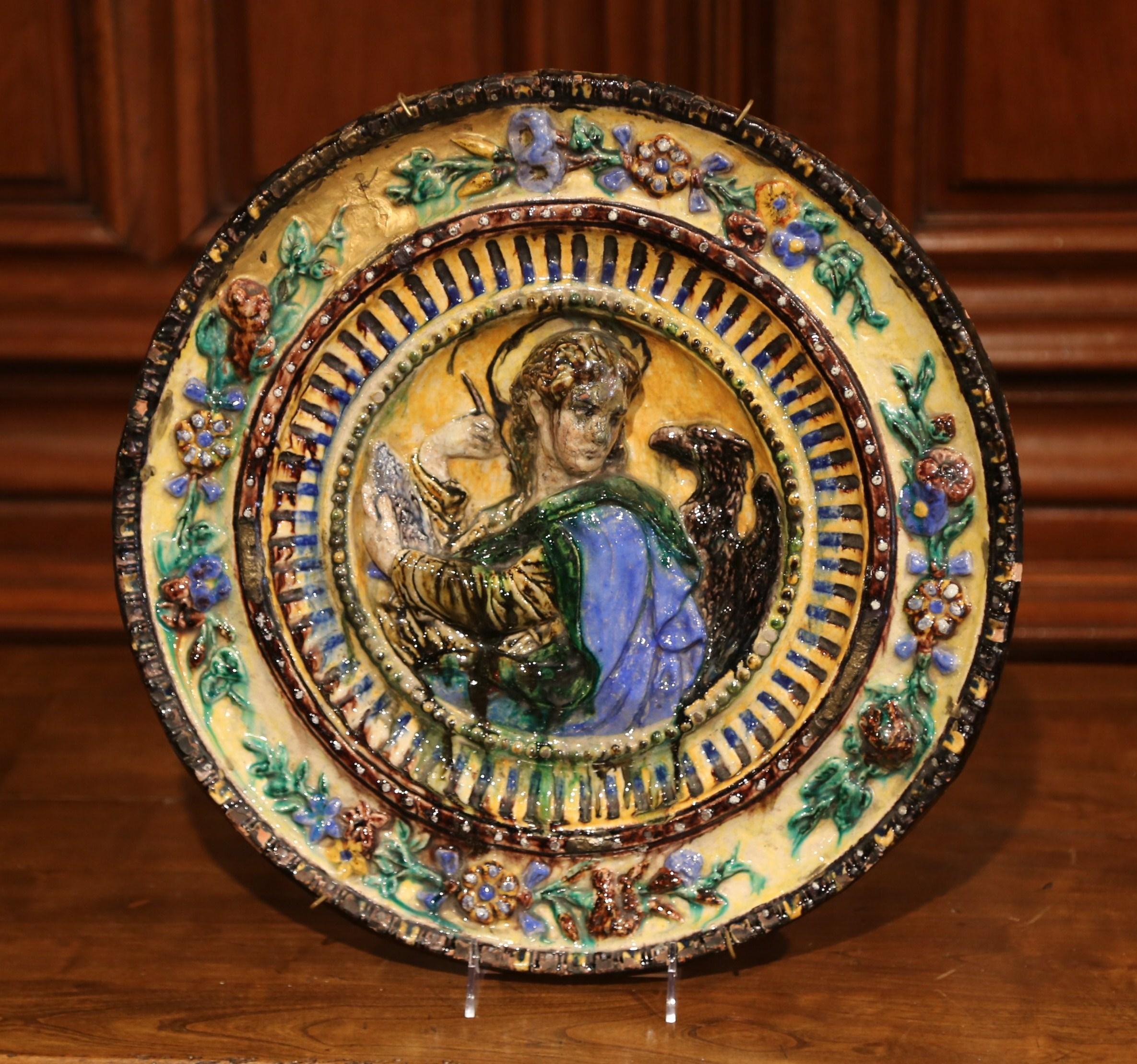20th Century Italian Painted Majolica Barbotine Wall Charger with Saint John In Excellent Condition For Sale In Dallas, TX