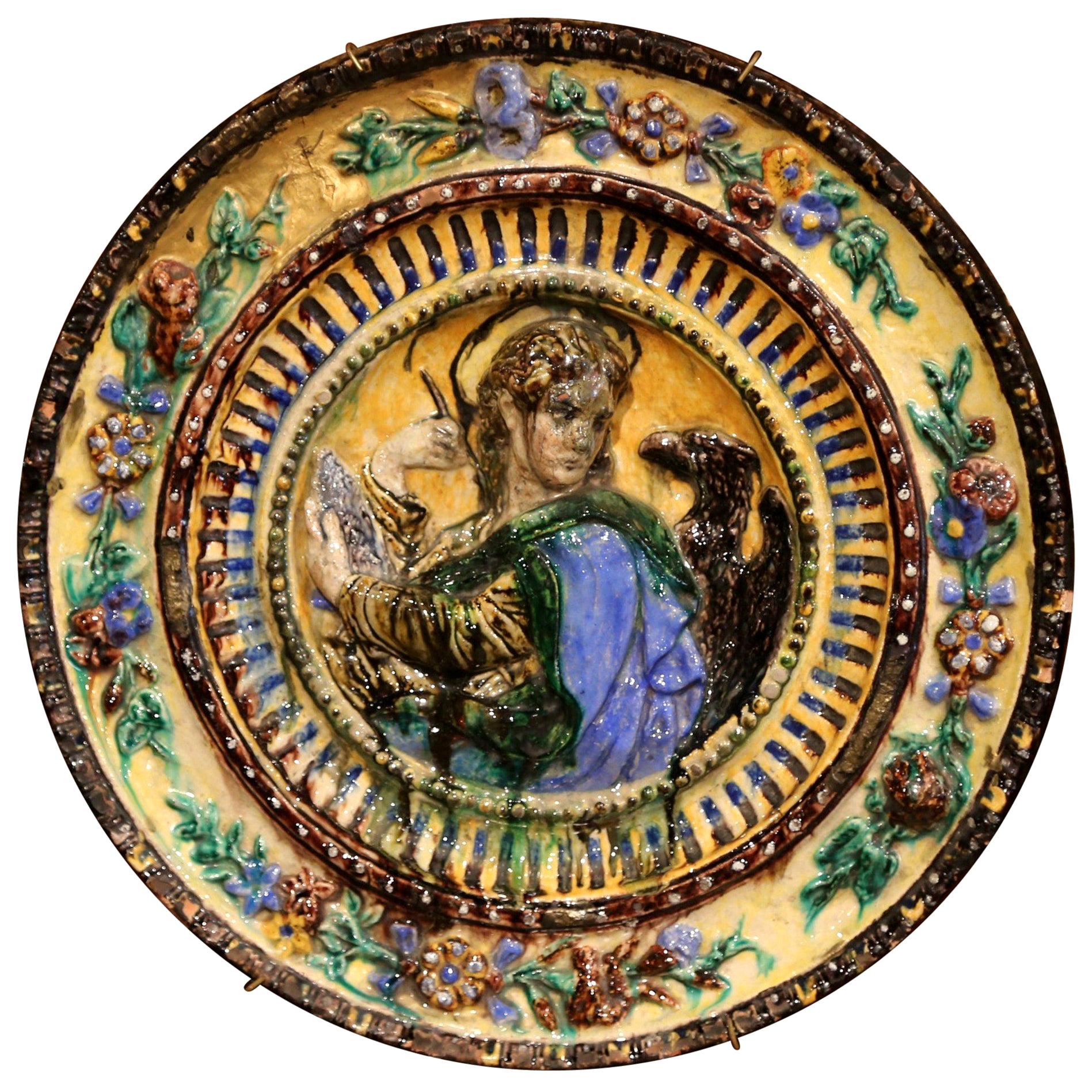20th Century Italian Painted Majolica Barbotine Wall Charger with Saint John For Sale