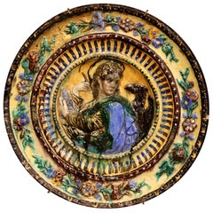20th Century Italian Painted Majolica Barbotine Wall Charger with Saint John