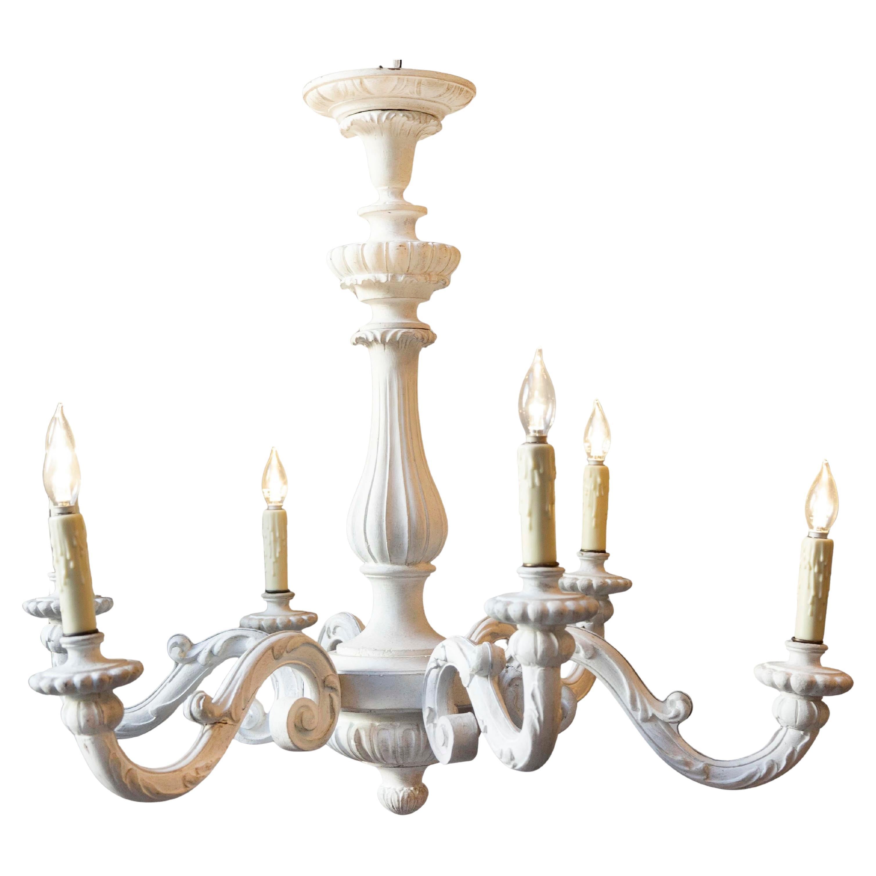 20th-Century Italian Painted Wood Chandelier with Carved Scroll Arms