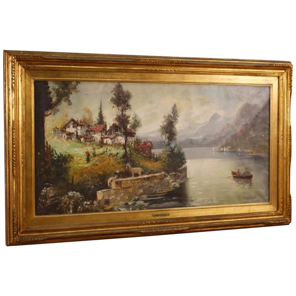 20th Century Italian Painting Lake Landscape with Characters and Architectures