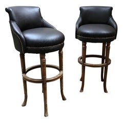 20th Century Italian Pair of Bar Stools with Leather Upholstered Seat, 1920s