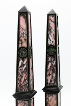 20th Century Italian Pair of Breccia Marble Green Marble and Wood Ebony Obelisk