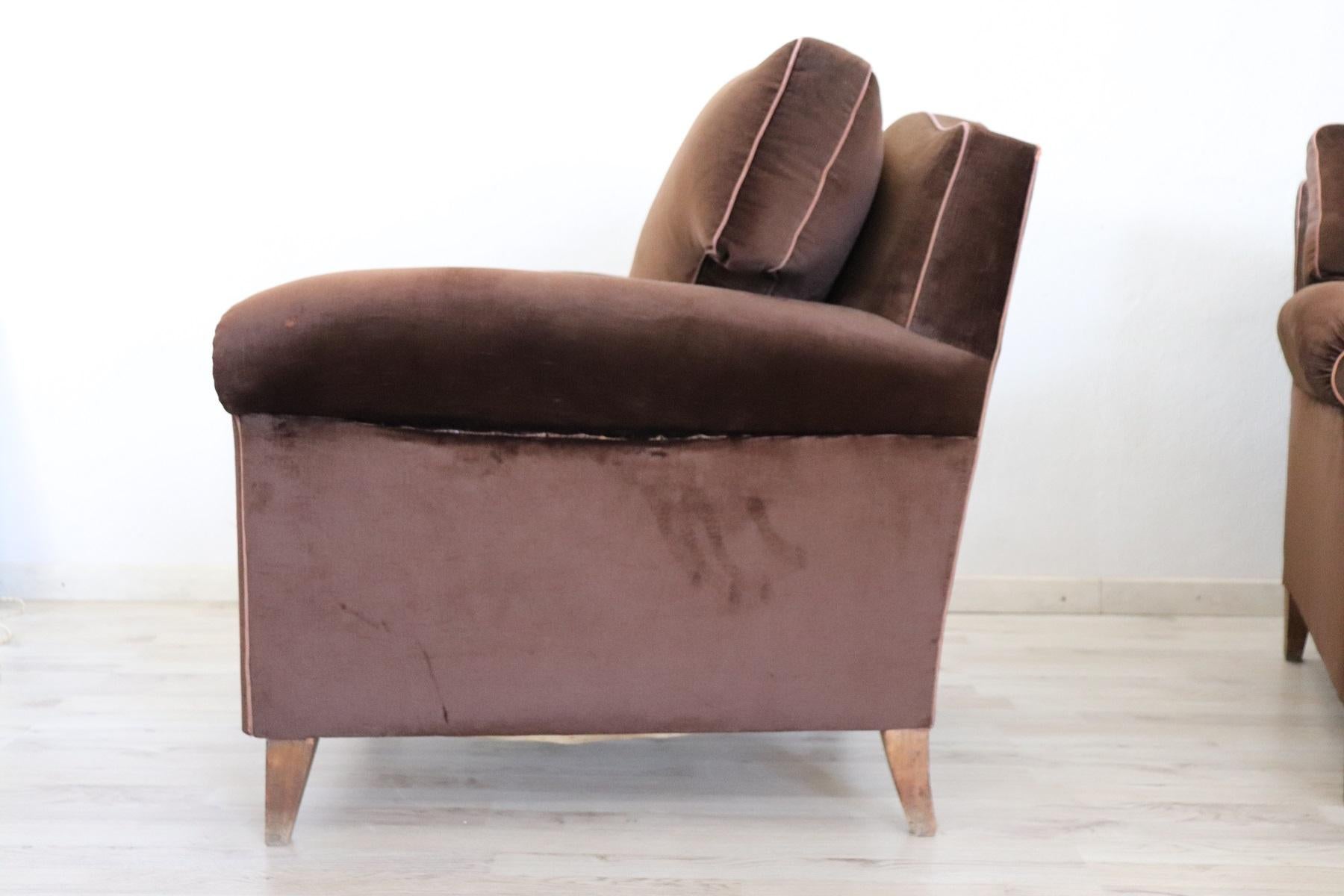 Late 20th Century 20th Century Italian Pair of Brown Velvet Armchairs, 1980s For Sale