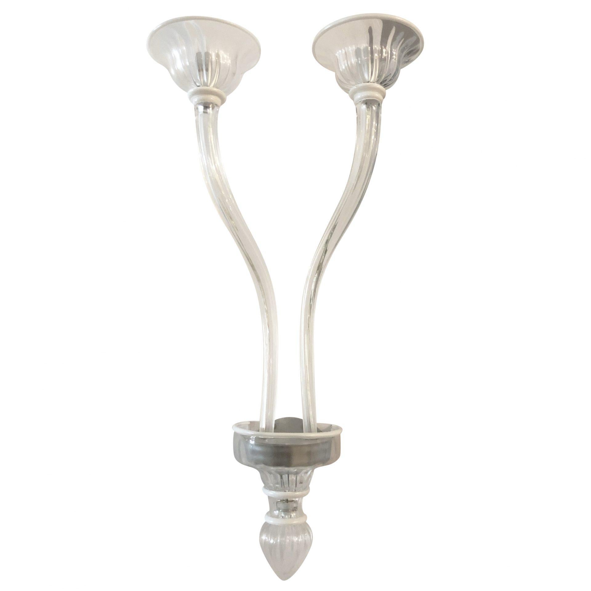 Mid-Century Modern 20th Century Italian Pair of Double Arm Murano Glass Wall Sconces, Appliques For Sale