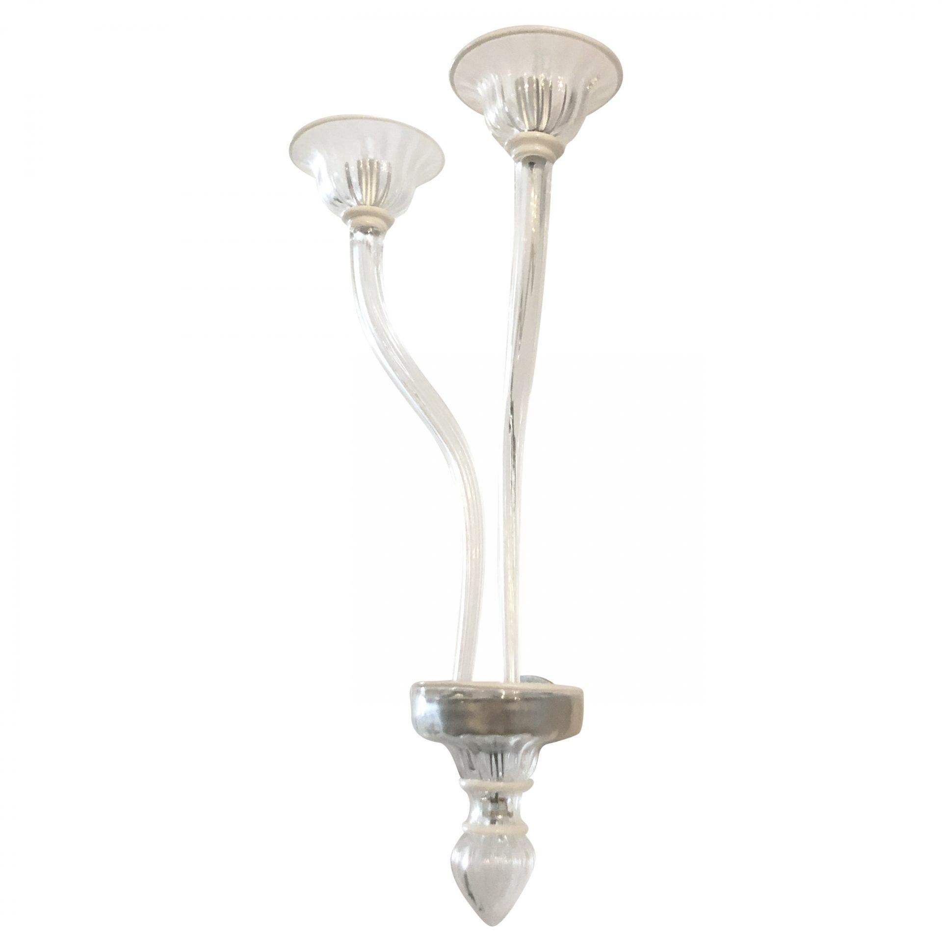 Hand-Crafted 20th Century Italian Pair of Double Arm Murano Glass Wall Sconces, Appliques For Sale