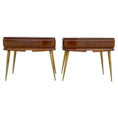20th Century Brown Italian Pair of Mahogany Nightstands, Brass Bedside Tables