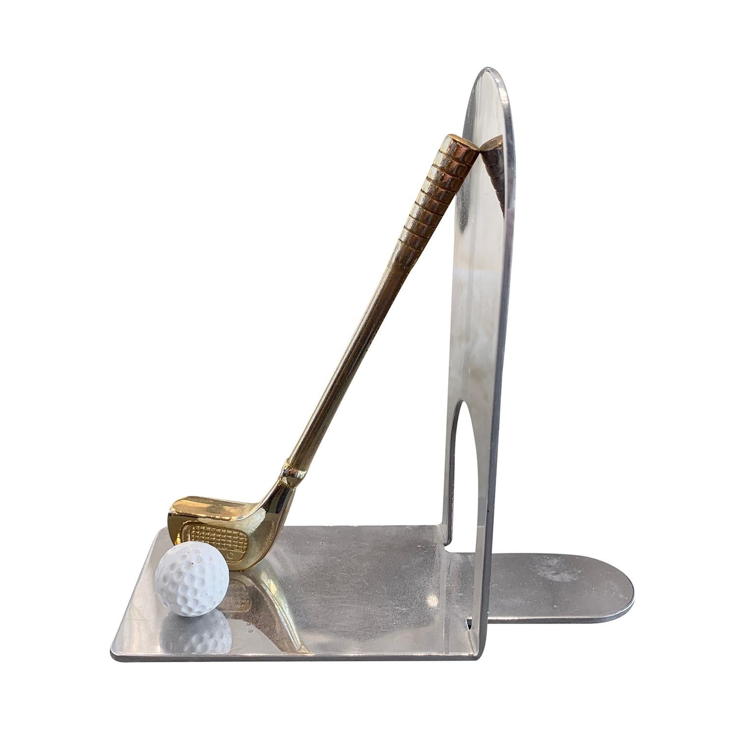 Mid-Century Modern 20th Century Italian Pair of Vintage Metal Golf Bookends - Brass Desk Décor For Sale