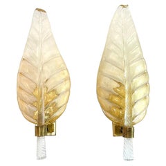 20th Century Italian Pair of Murano Glass Oro Sommerso, Brass Leaf Wall Sconces