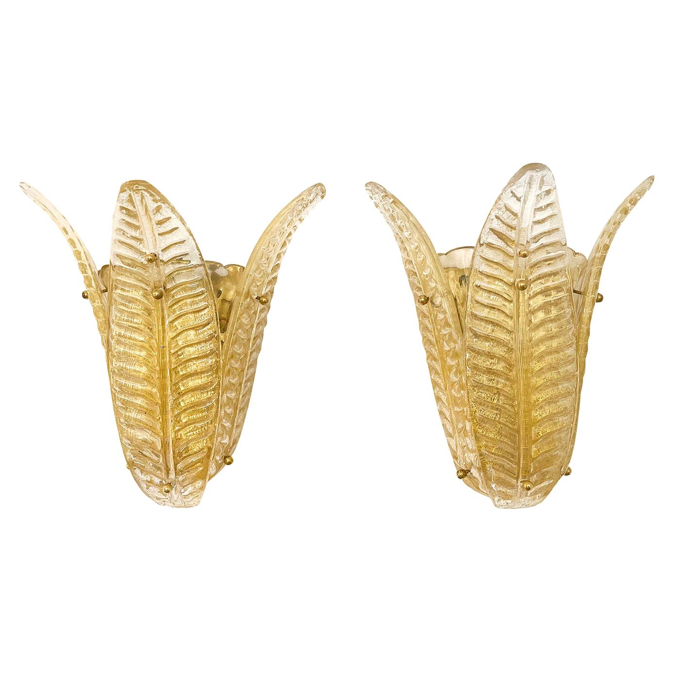 20th Century Italian Pair of Murano Glass Sommerso, Brass Leaf Wall Appliques