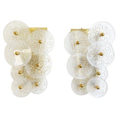 20th Century Italian Pair of Murano Glass Sommerso Discs, Brass Wall Lights