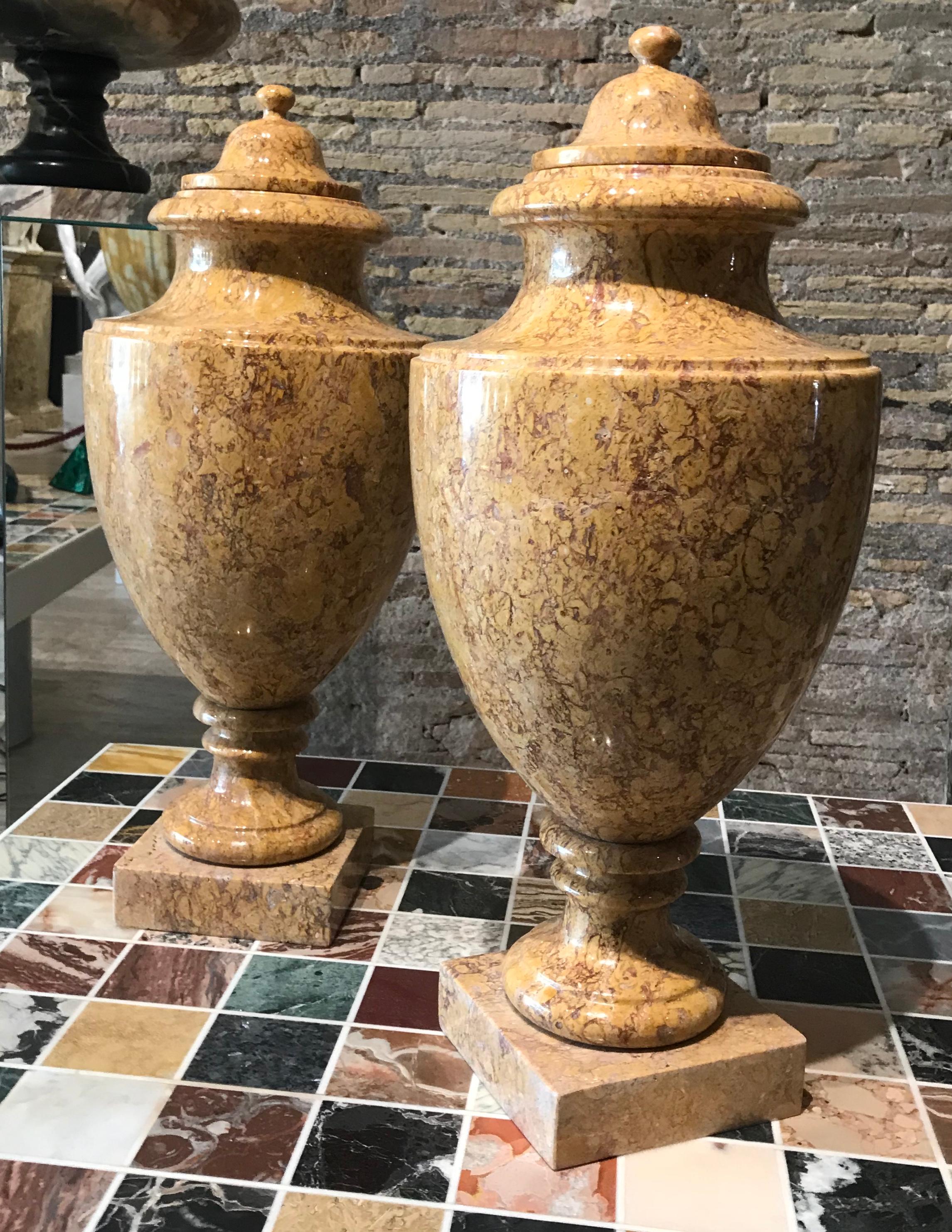 A very beautiful pair of urns made in rare and very beautiful specimen ancient marble broccatello di spagna.