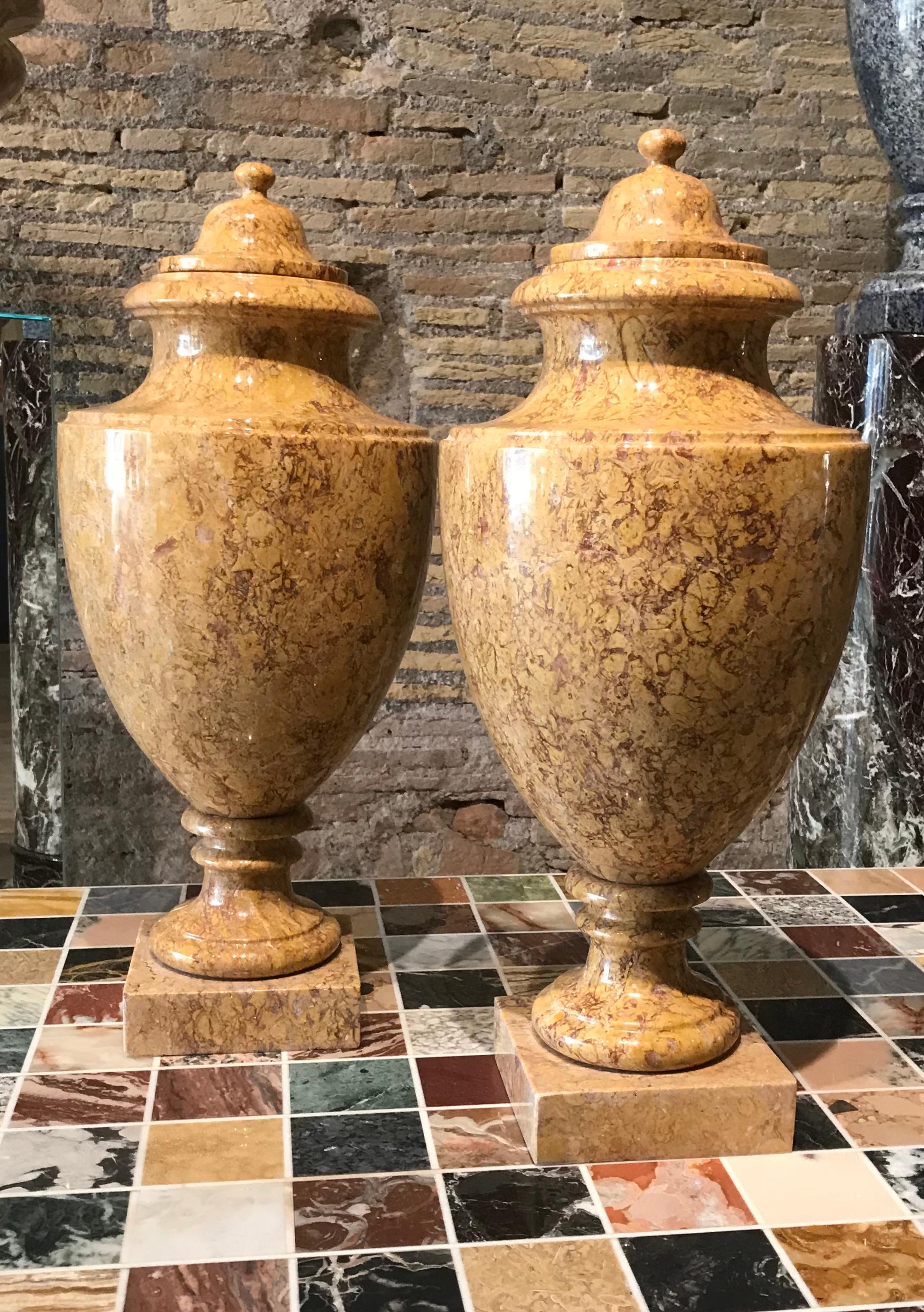Carved 20th Century Italian Pair of Neoclassical Yellow Red Marble Urns Specimen